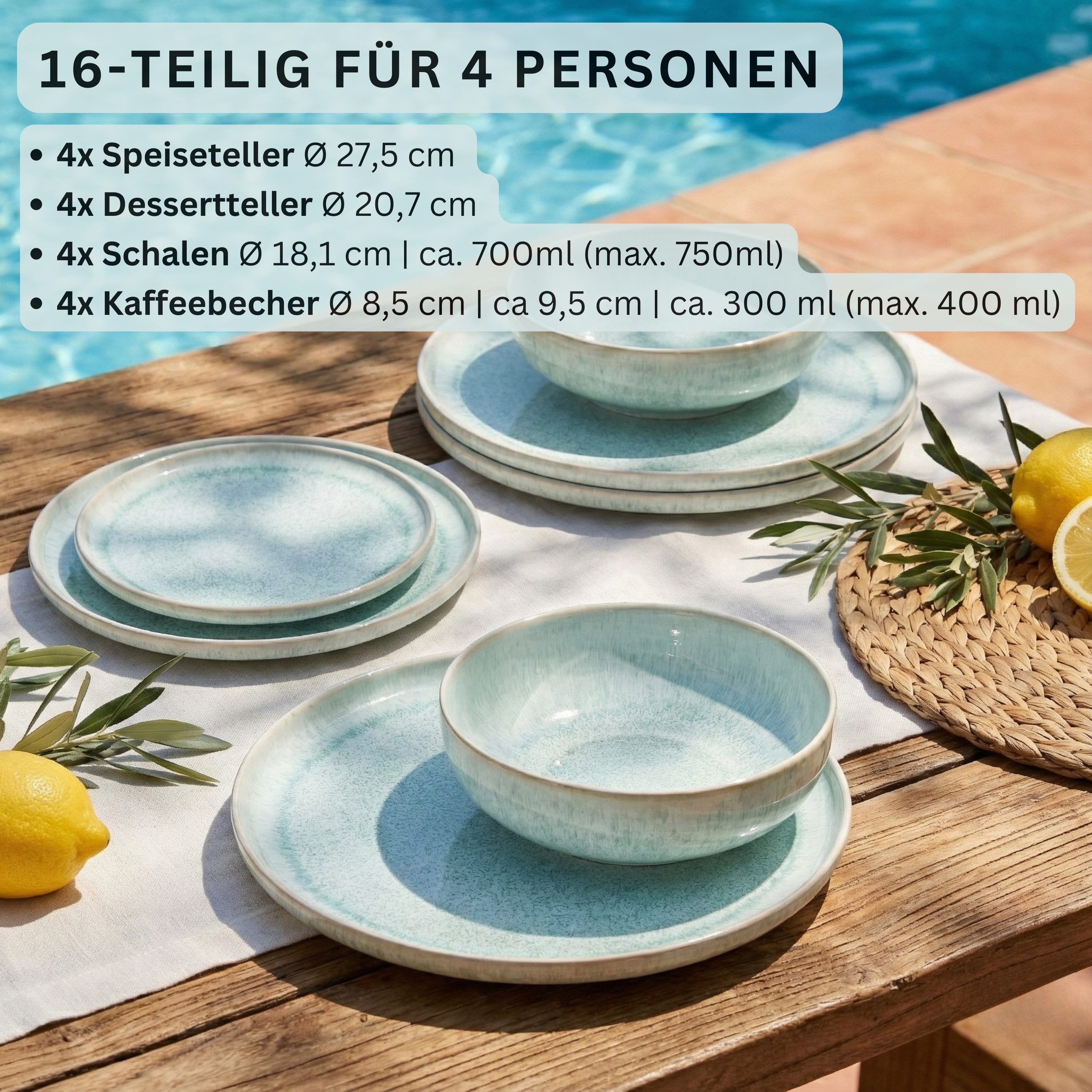 SÄNGER Tafelservice Paros (16-tlg), 4 Personen, Steingut, Blau Türkis, Handmade Premium Collection