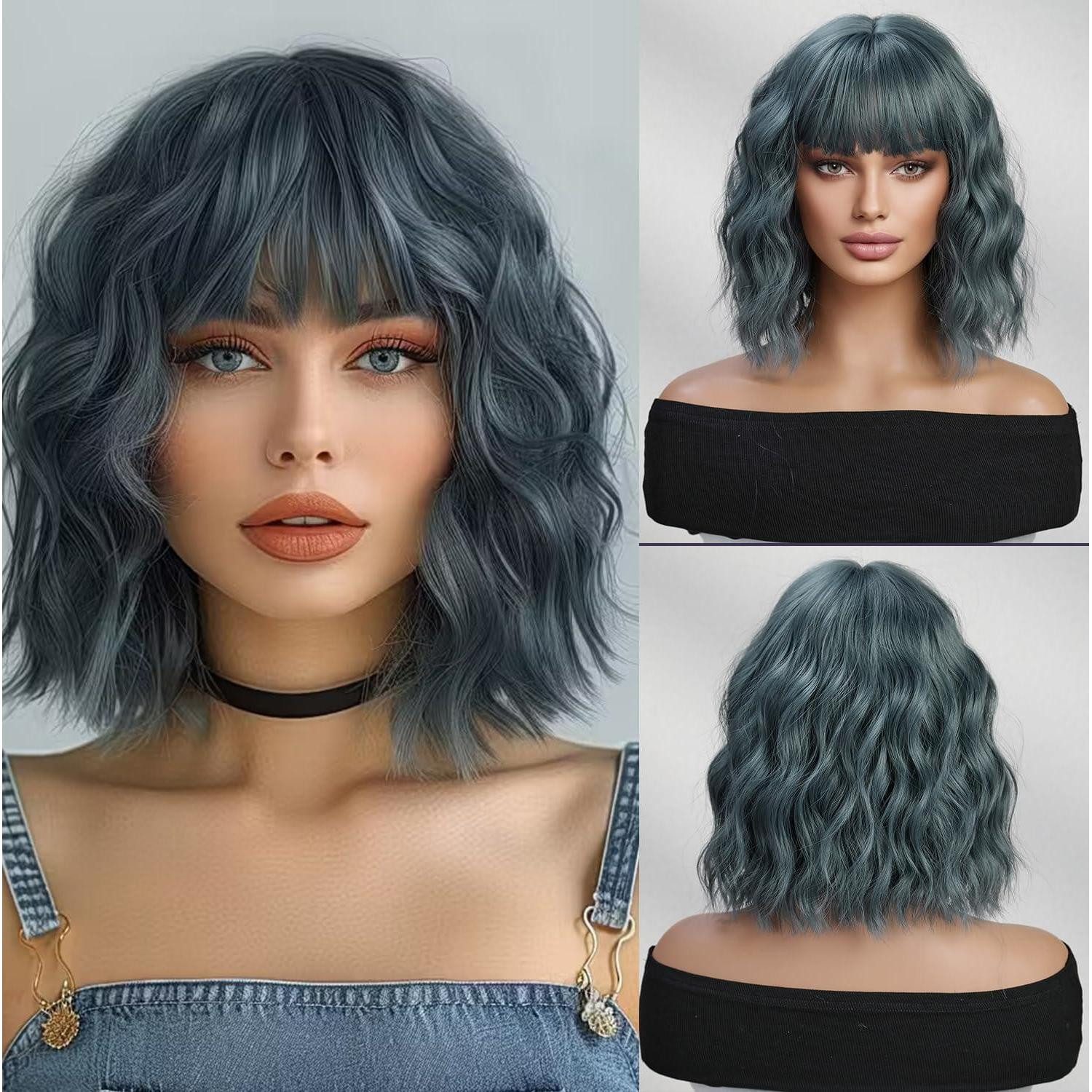LuxusKollektion Kunsthaarperücke Perücke Bob Kurz Pony Schulterlang Synthetisch Cosplay Blau Grau
