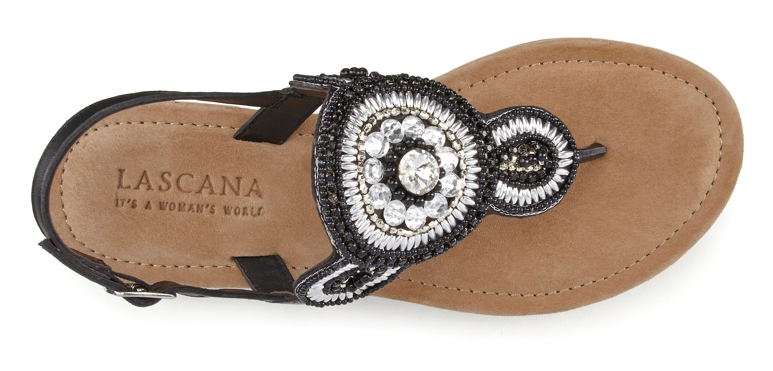 LASCANA Sandalette, Sommerschuh, offener Schuh, Zehentrenner Sandale, Pantolette in Glitzer-Optik und softer Lederinnensohle