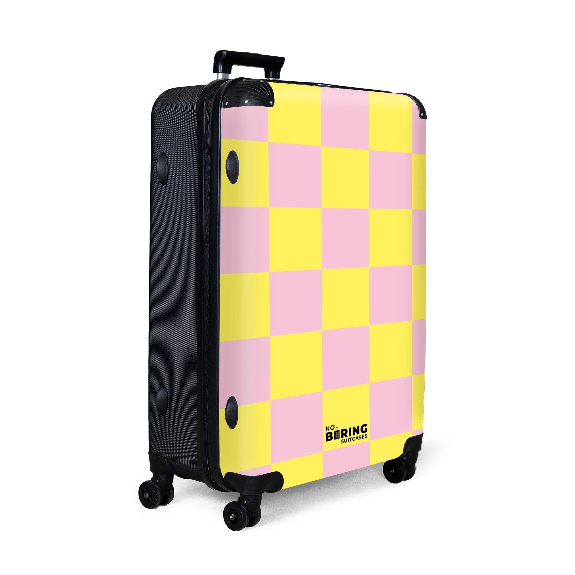 NoBoringSuitcases.com© Hartschalen-Trolley Gelb mit rosa Schachbrettmuster günstig online kaufen