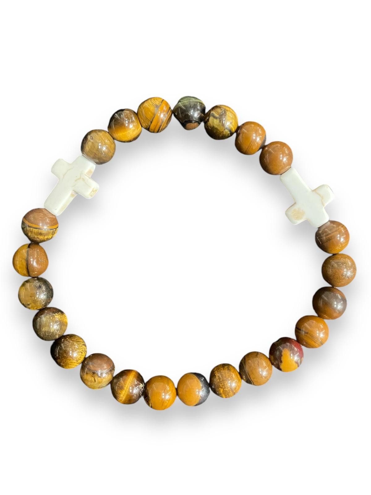 Aaron Bane Perlenarmband Tigerauge Edelstein Armband 3 Weiße Kreuze 23 Perlen (1-tlg)