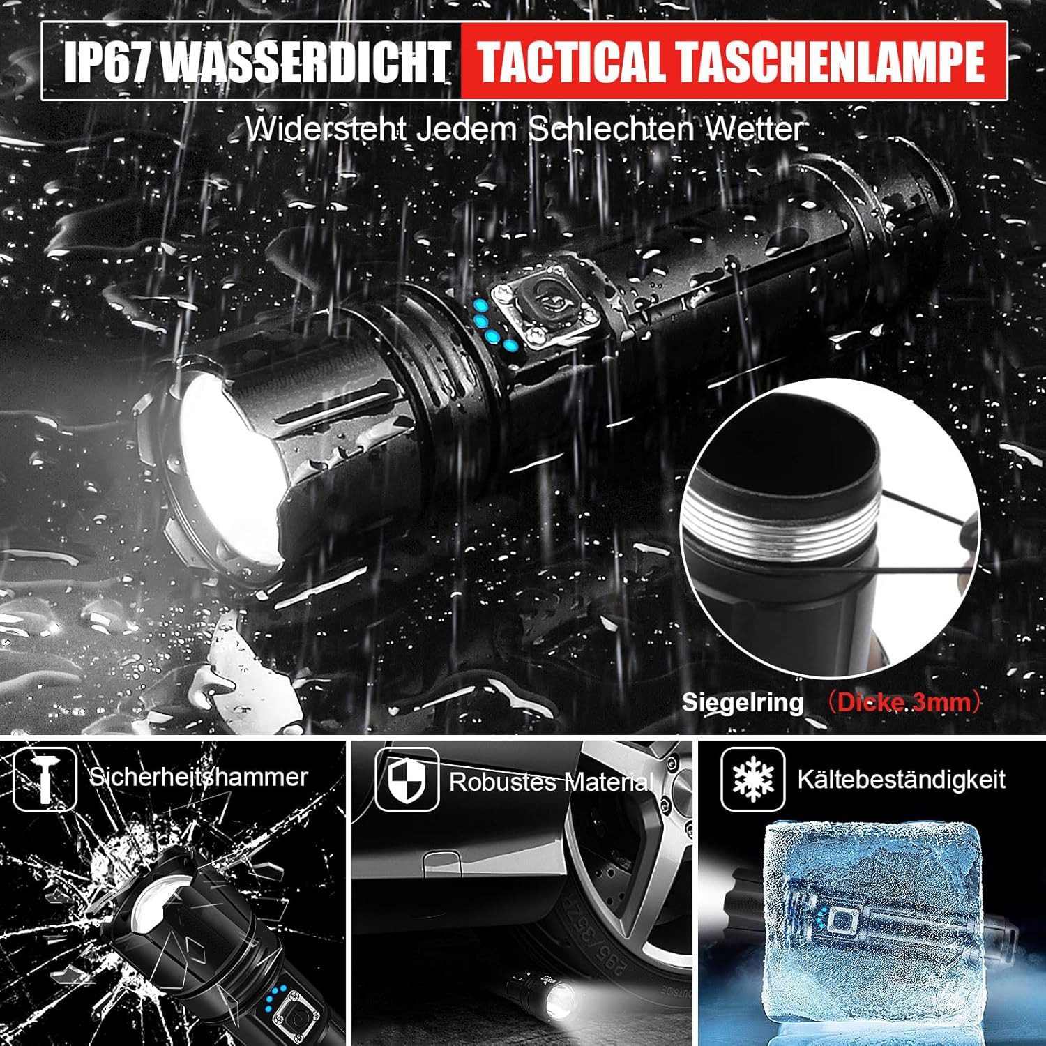TUWENA Taschenlampe USB Aufladbar Taktische Taschenlampen, IP67 Wasserdicht 5 Lichtmodi