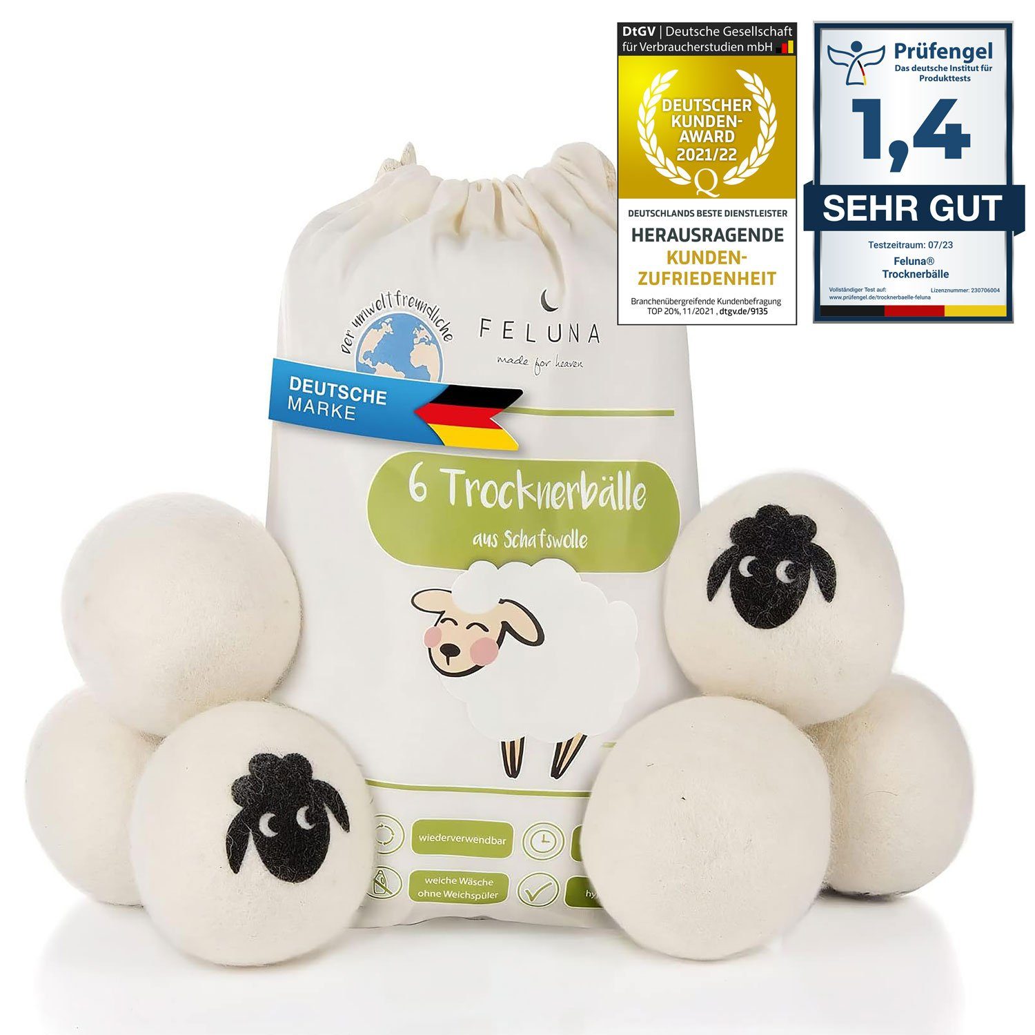 Feluna Wäschekugel Öko Trocknerbälle aus 100 % Schafwolle –6er-Set,natürliche Weichspüler (6er Set), Biologischer Weichspüler aus 100% Schaf-Wolle