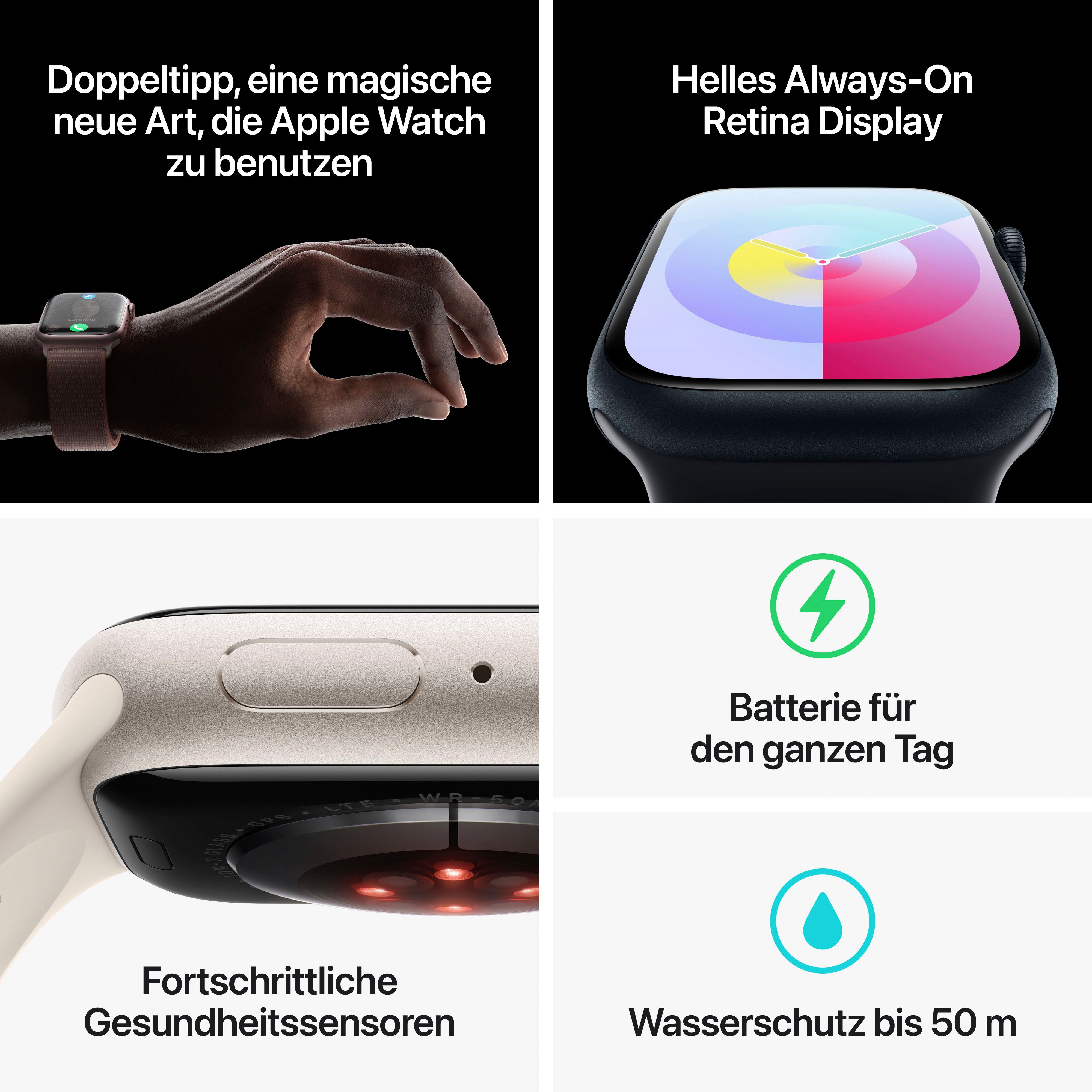 Apple Watch Series 9 | Sport OS Band Cellular Smartwatch Edelstahl (4,1 Sturmblau cm/1,61 + Silber 10), 41mm Zoll, Watch GPS