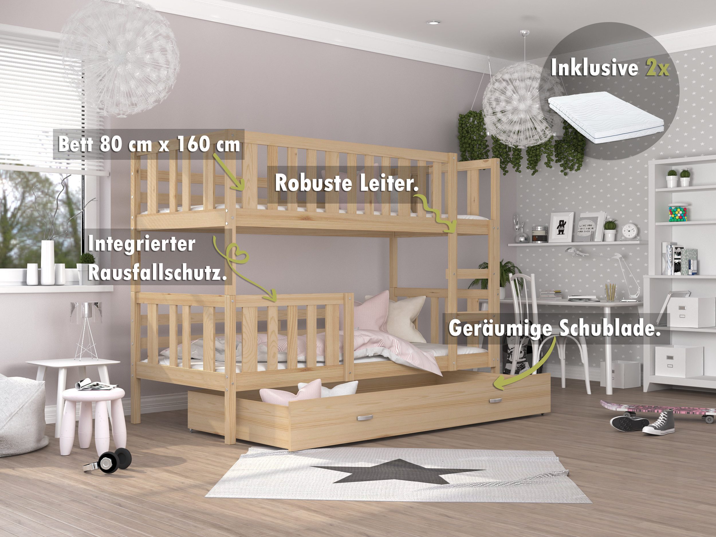 AJKmeble Hochbett mit Rausfallschutz, Etagenbett 80x160cm, günstig online kaufen