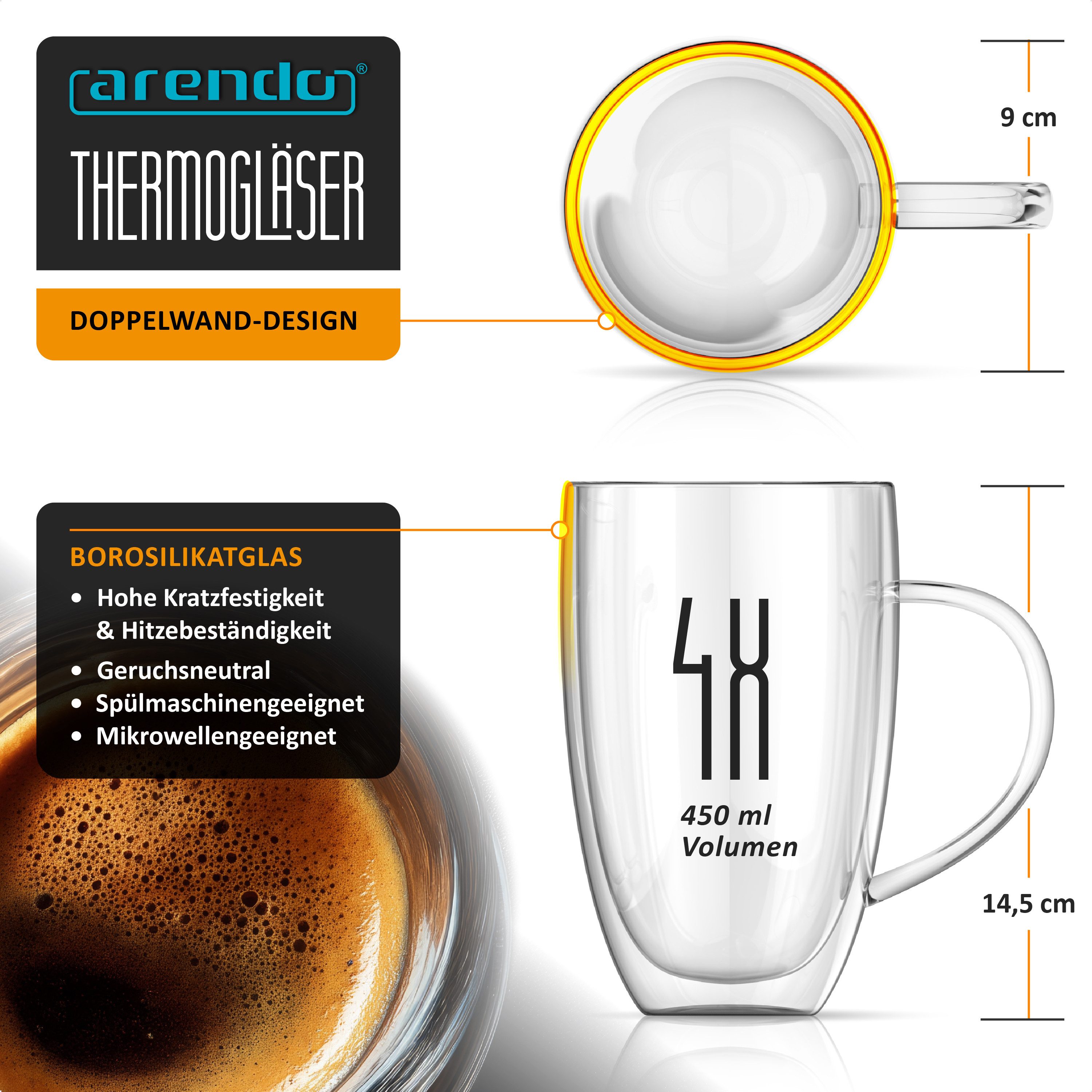 Arendo Gläser-Set Thermoglas Set 4x 450 ml, doppelwandig, mit Henkel, Borosilikatglas, 4-tlg., Glas, für Latte Macchiato, Cappuccino, Tee, hitzebeständig spülmaschinenfest