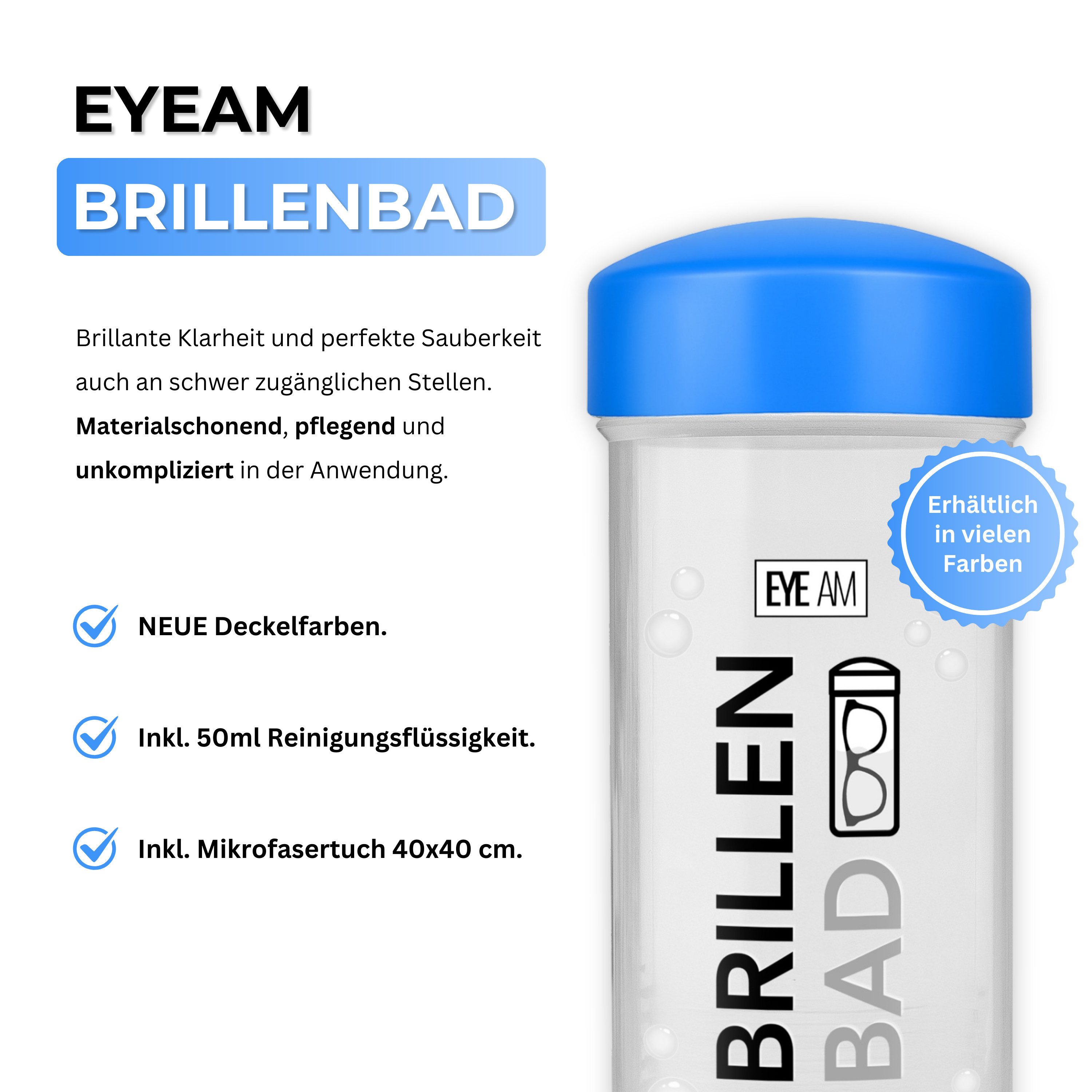 EyeAm Brillenbad Set inkl. 50ml Konzentrat & Mikrofasertuch, Reinigungskonzentrat (im Set mit 50ml Spezialreiniger & Mikrofasertuch 40x40 cm)