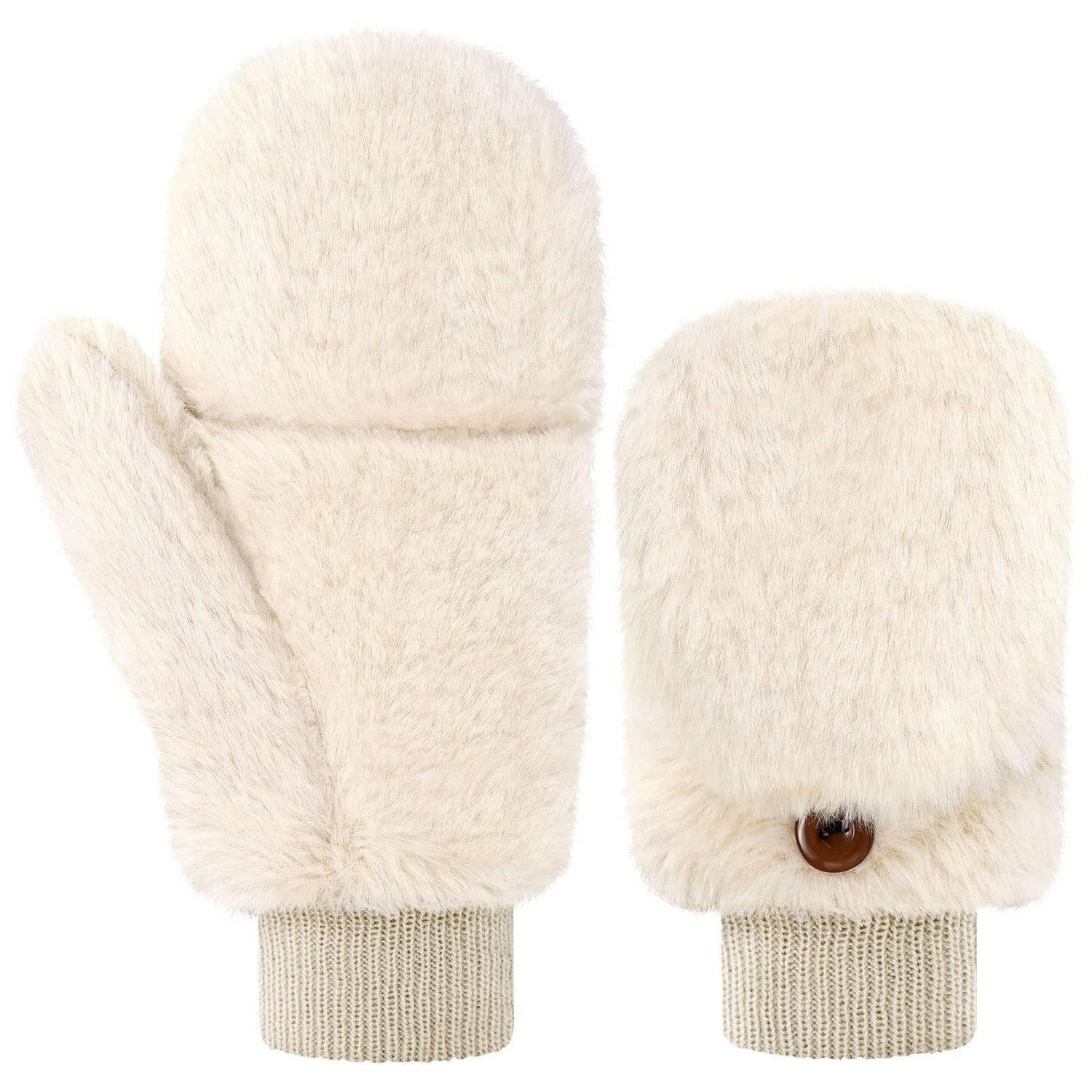 LuxusKollektion Fäustlinge Fäustlinge Damen Fingerlos mit Kappe Beige-Weiss (1-St)