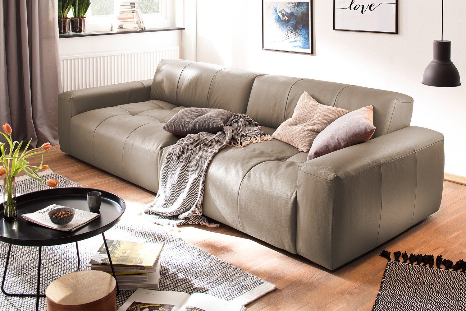 KAWOLA 3-Sitzer PALACE, Big Sofa mit Sitztiefenverstellung Leder versch. Farben taupe