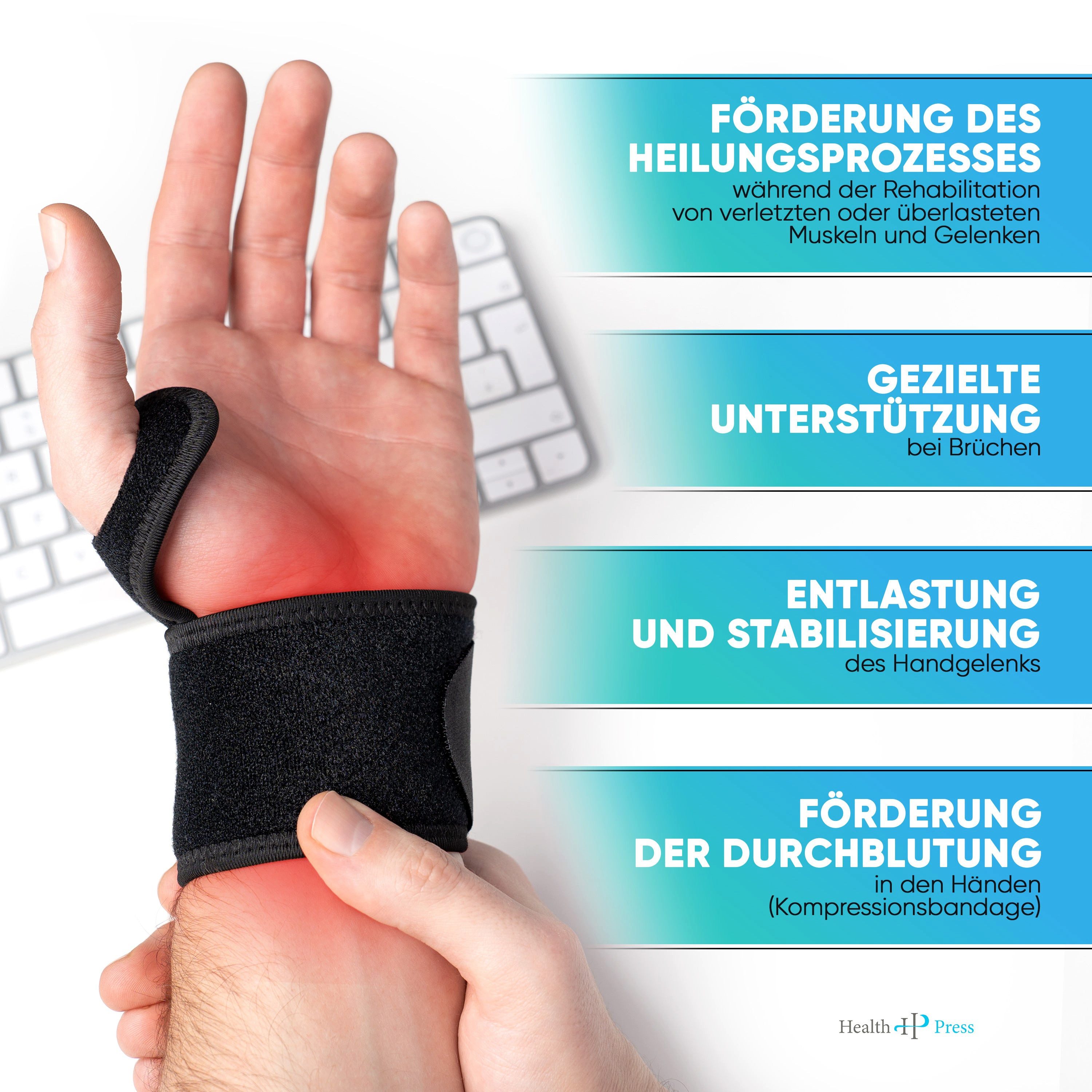 Health Press Handgelenkbandage - Handgelenkstütze - Handgelenk Bandage Universell (Rechts & Links, 1er Set), Dermatologisch getestet