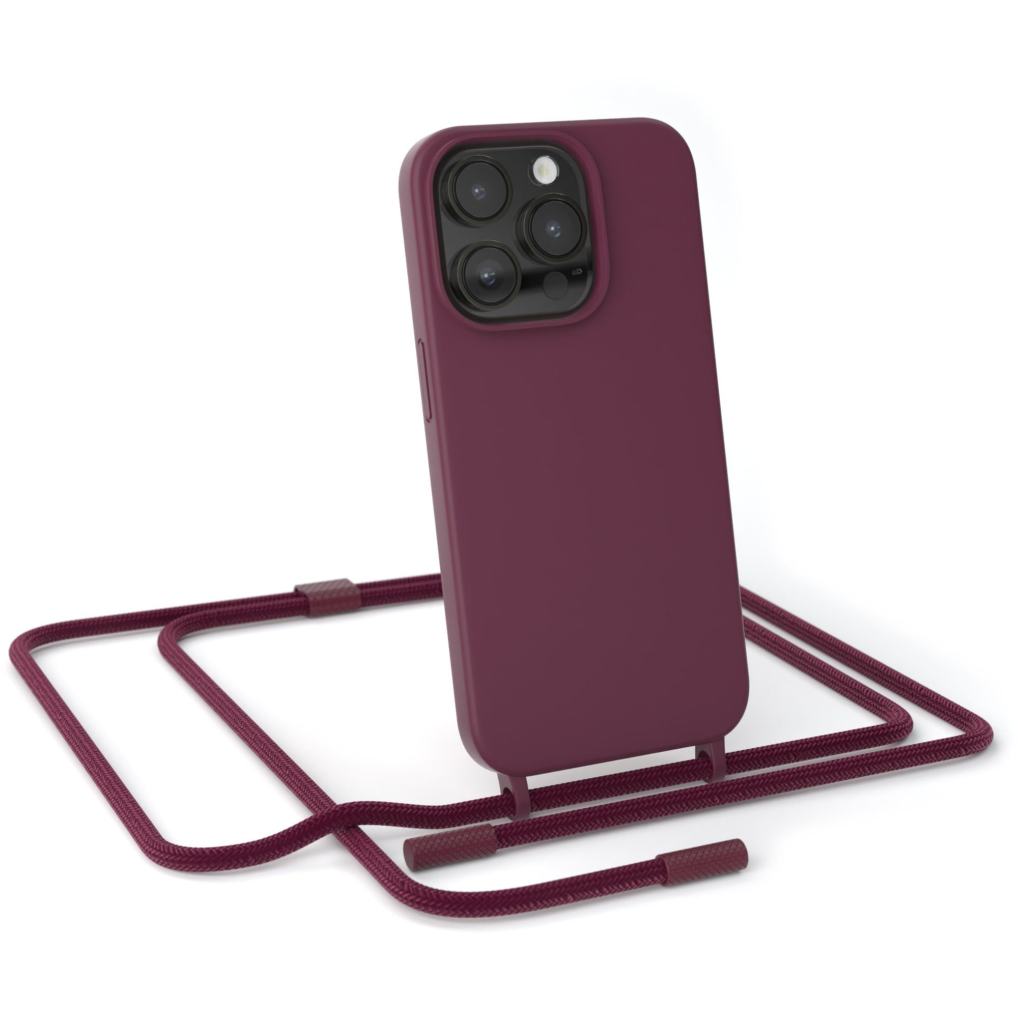 EAZY CASE Handykette Runde Kette für Apple iPhone 14 Pro 6,1 Zoll, Silicon Handyhülle mit breiter Kette Carabiner in Bordeaux Rot Beere