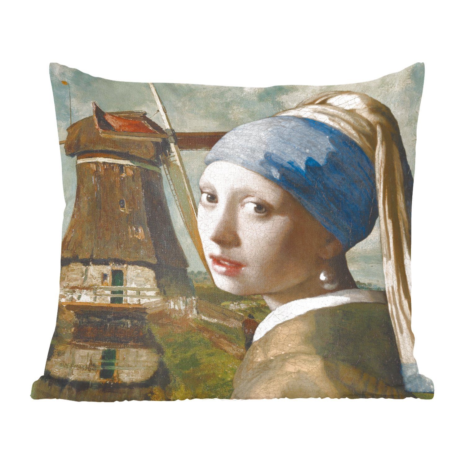 MuchoWow Dekokissen Das Mädchen mit dem Perlenohrring - Vermeer - Windmühle, Zierkissen mit Füllung für Wohzimmer, Schlafzimmer, Deko, Sofakissen