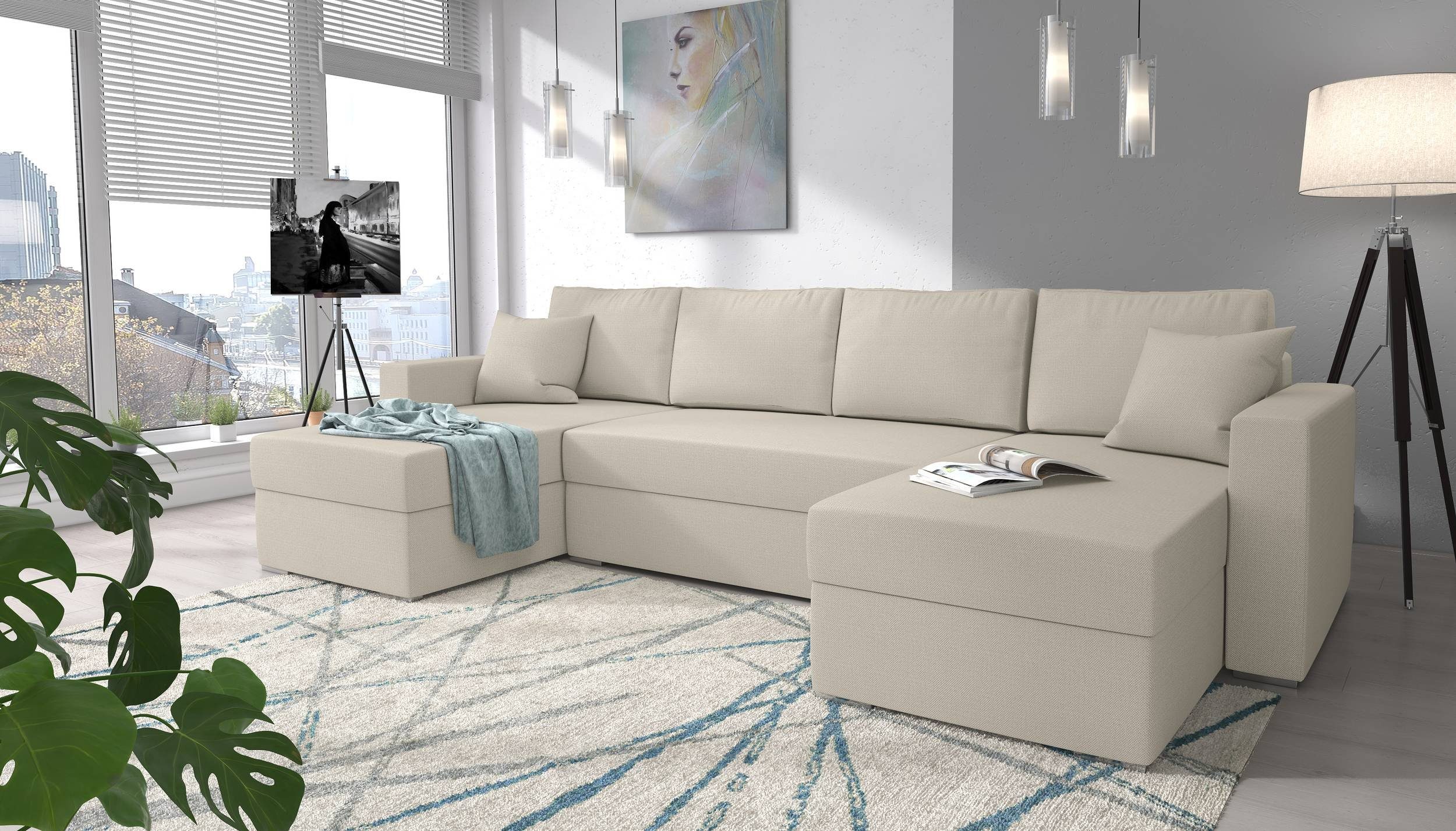 Stylefy Wohnlandschaft im Sofa, Bettfunktion inklusive Rubicon, Klassisch Sitzkomfort, Kissen, Bettkasten, U-Form, und Design frei stellbar, mit Raum