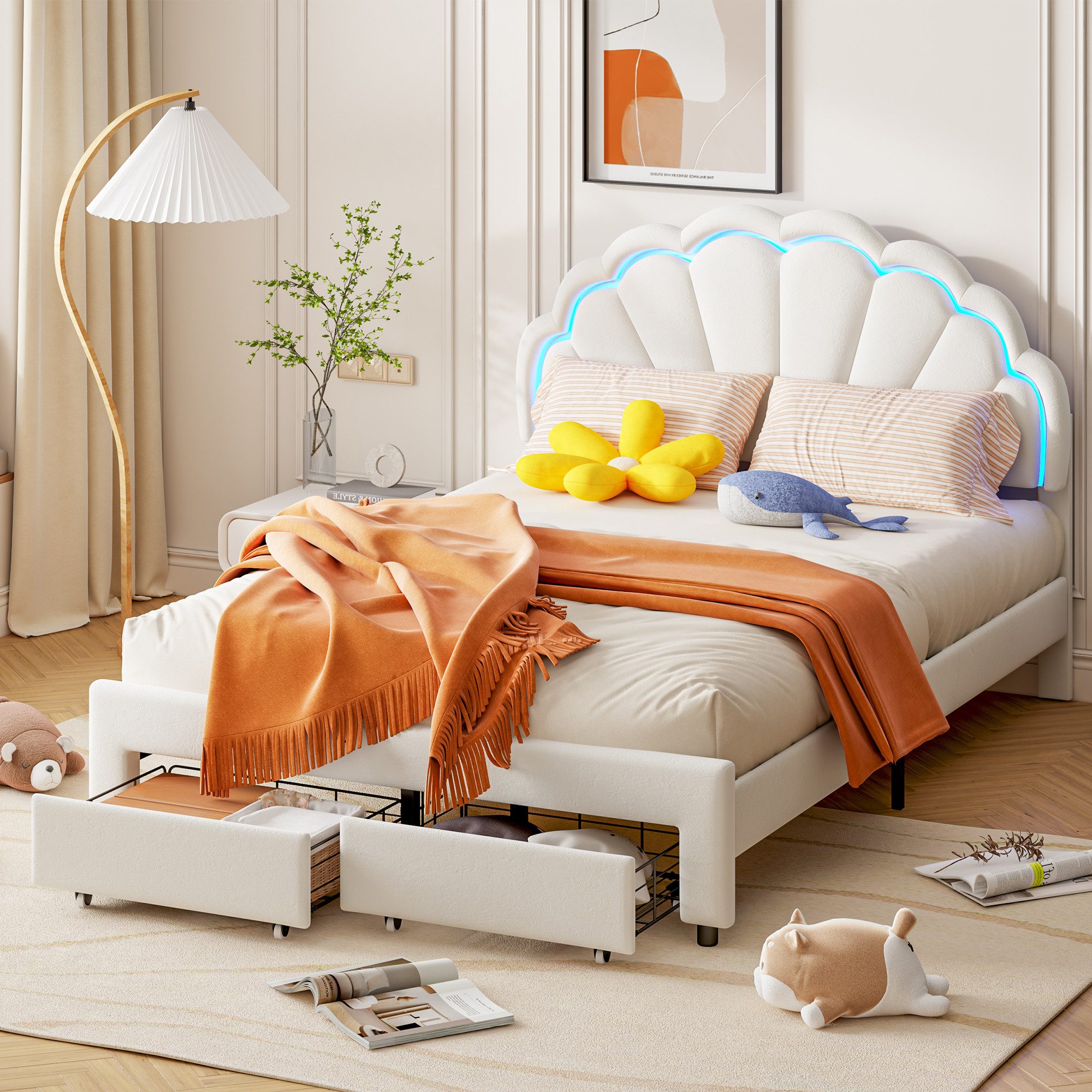 PXloue Polsterbett Kinderbett Jugendbett (Kopfteil hochstellbar), Doppelbett,Cloud-Kopfteil,mit LED-Beleuchtung und Lattenrost,140x200cm – Bild 2 von 5