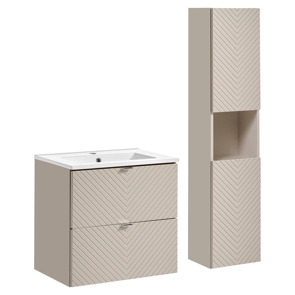 Lomadox Badmöbel-Set VERACRUZ-56, (Spar-Set, 2-St., Waschtisch Hochschrank), mit 61cm Keramikwaschbecken, kaschmir, gerillte Front