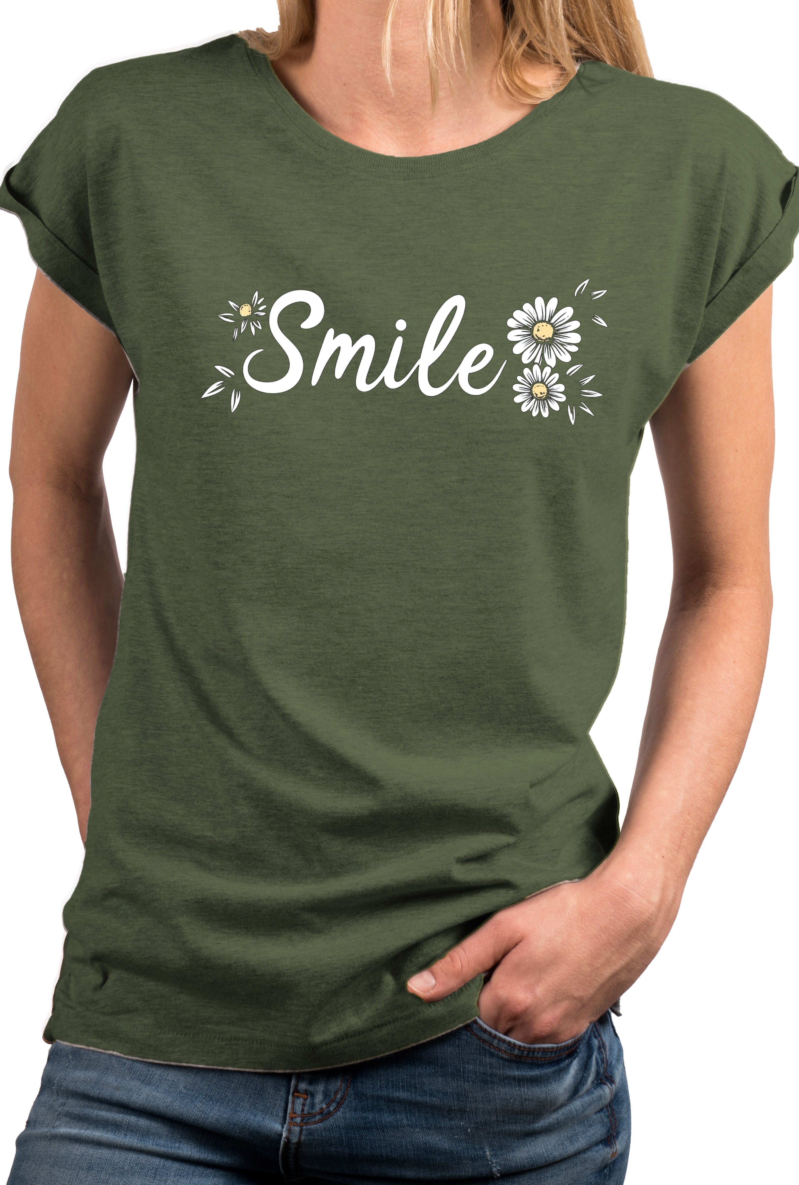 MAKAYA T-Shirt Lässiges Damen-Top mit Smile-Motiv und Blumenprint (Schwarz, günstig online kaufen