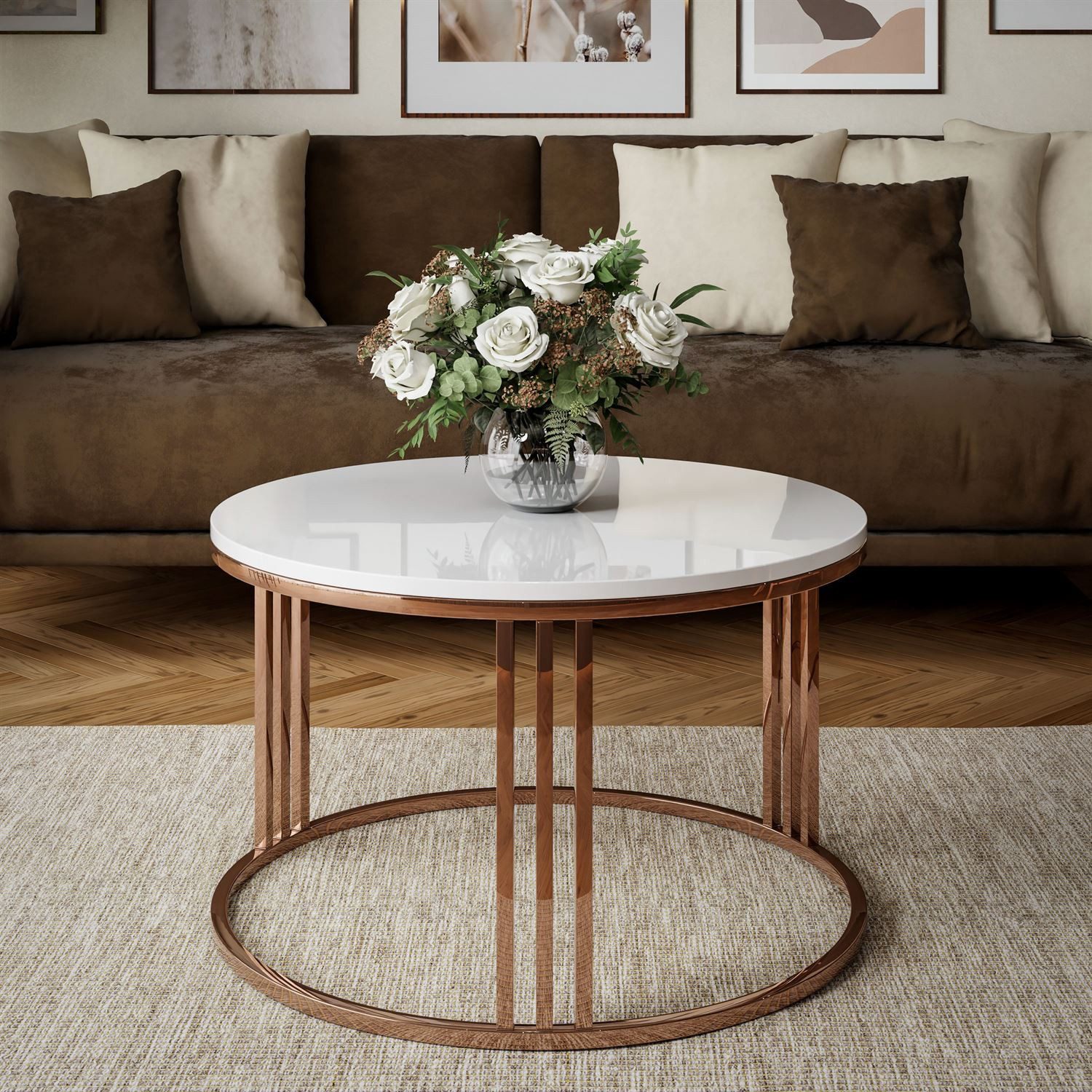 Lookway Couchtisch LORI Hochglanz Runder Couchtisch mit Kupfergestell (1x Tisch), Durchmesser: ⌀70 cm