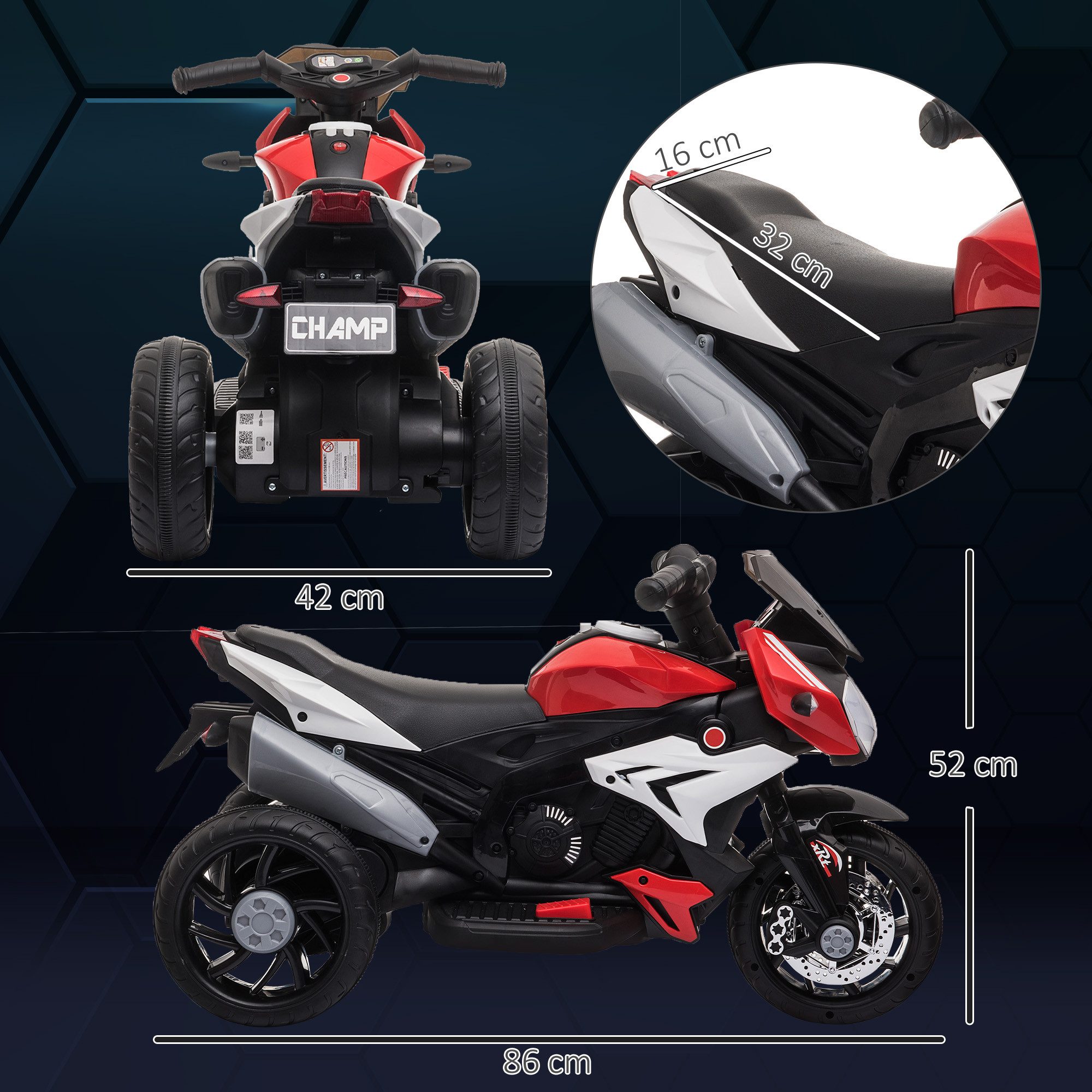 HOMCOM Elektro-Kindermotorrad Elektromotorrad mit Musik, Kindermotorrad Rot+Schwarz, Belastbarkeit 25 kg, (1-tlg), für Kinder 3-5 Jahre