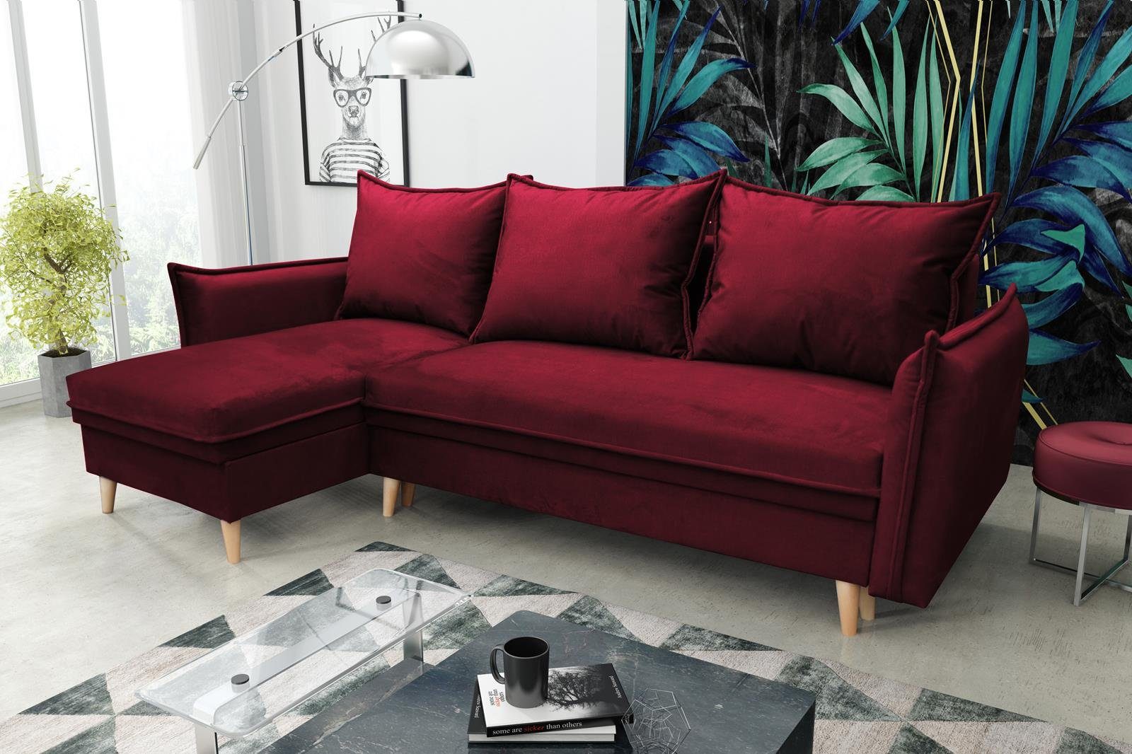 Beautysofa Ecksofa Pillow, universelle und Velors, Stil, im skandinavisches Kastanienrot Ecke 02) Bettkasten Schlaffunktion mit Polsterecke (kronos mit mane,aus Eckcouch