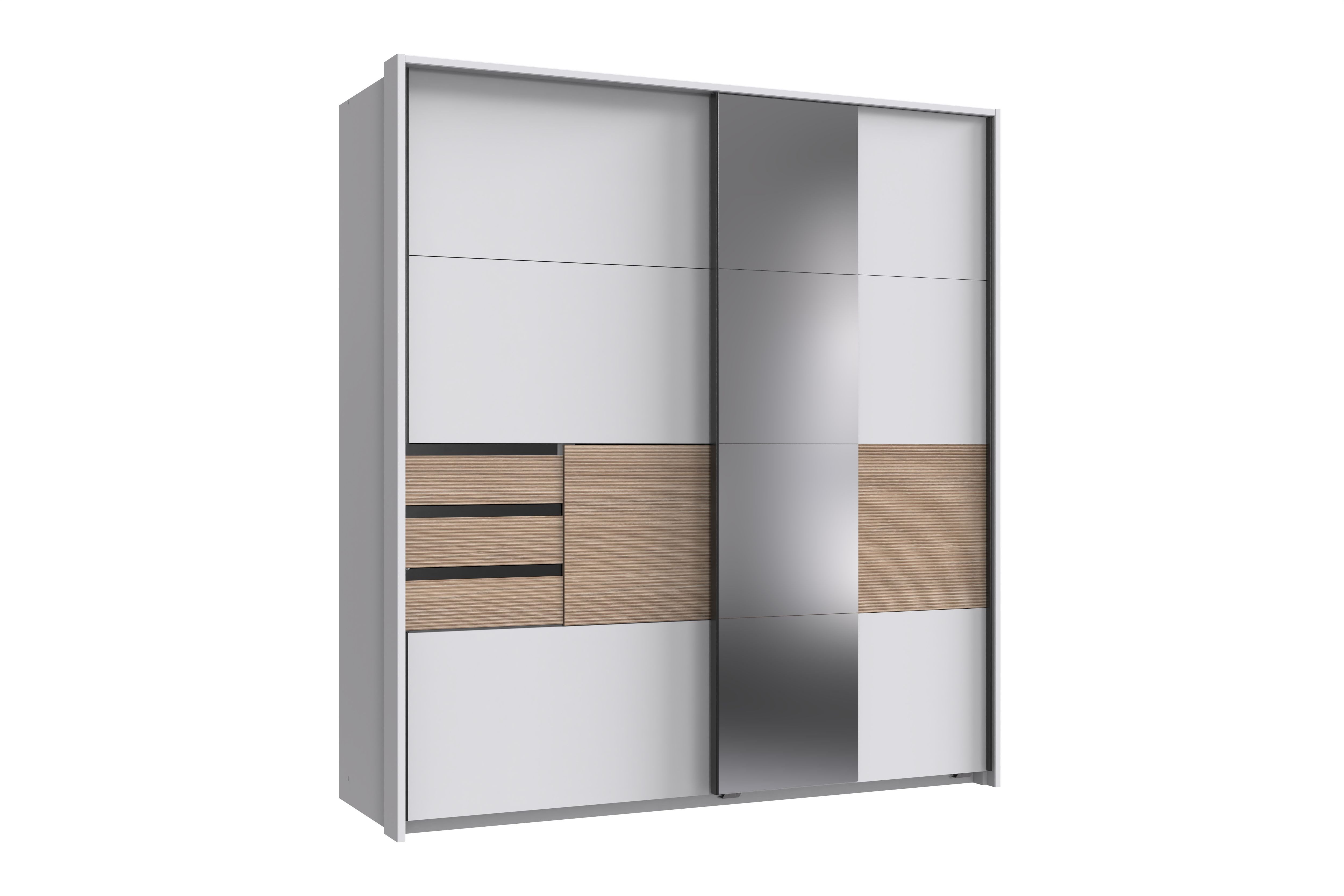 möbel-direkt.de Schwebetürenschrank Bremen in Weiß mit Absetzungen in Multiplex (komplett, 1-St., Kleiderschrank) Made in Germany, Absetzungen in Multiplex, wahlweise mit Spiegel