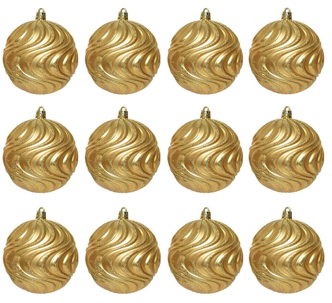 Decoris season decorations Christbaumschmuck, Weihnachtskugeln Kunststoff 8cm Wellen Ornamente 12er Set - Hellgold
