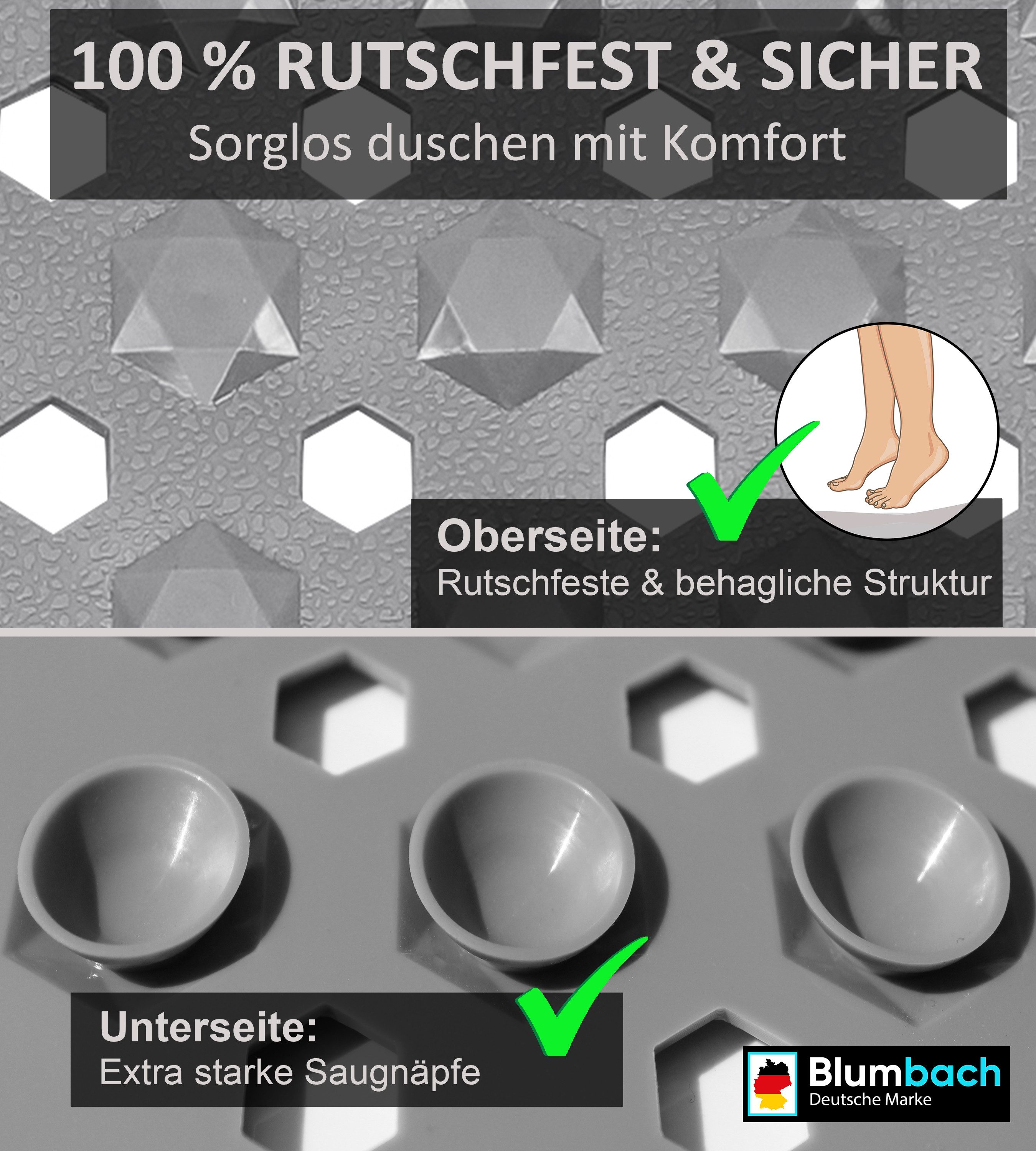 Blumbach Wanneneinlage Badewannenmatte rutschfest, Packung, inklusive 2 Klebehaken, rutschhemmend, mit Saugnäpfen, pflegeleicht
