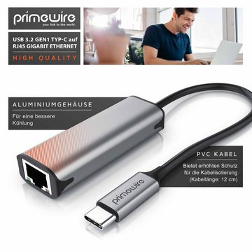 Primewire Netzwerk-Adapter, 15 cm, Netzwerkadapter USB 3.2 Typ C auf RJ45 Buchse LAN Adapter