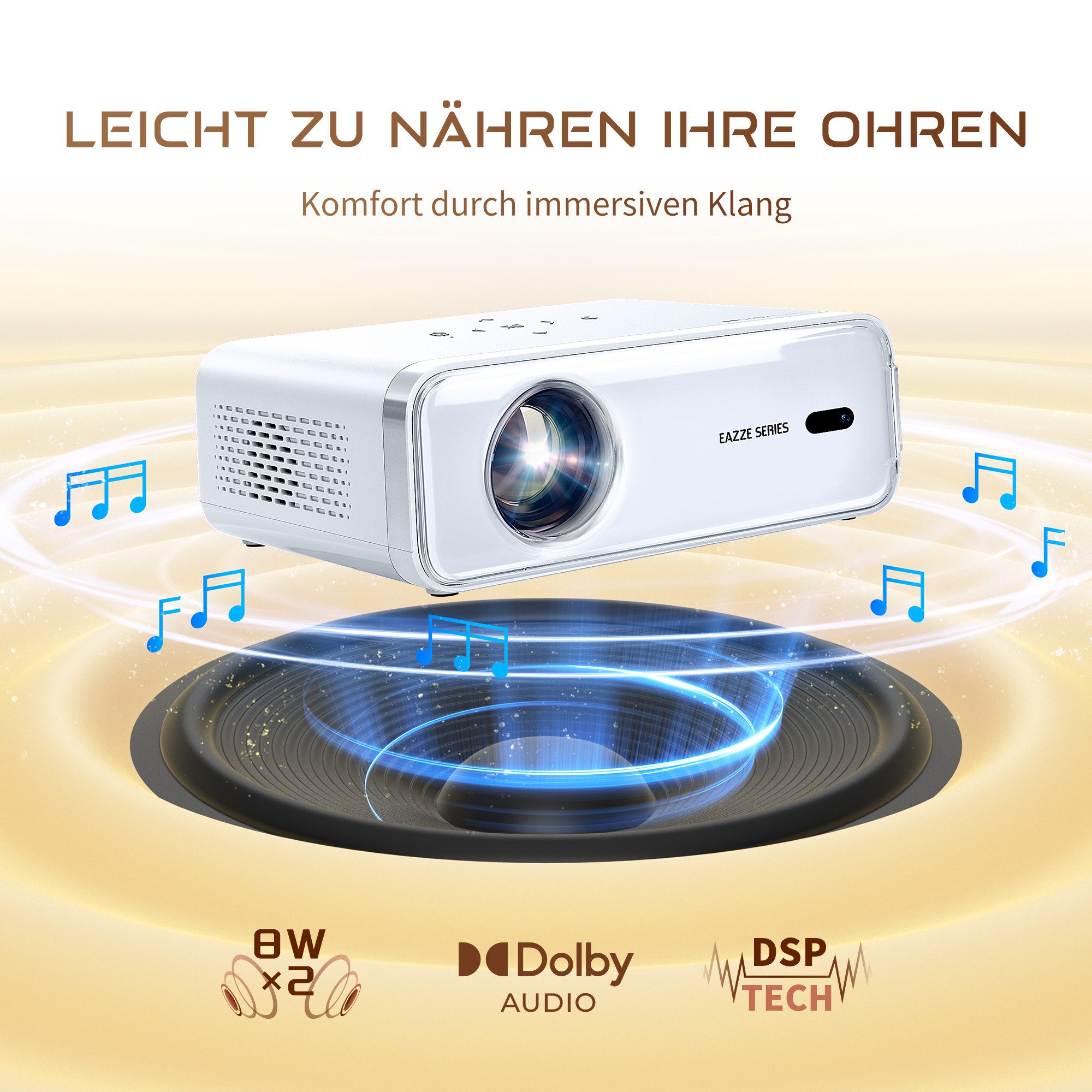 Aurzen NetfIix Officially 4K Unterstützt Smart Beamer (3840 x 2160 px, DoIby Audio, Autofokus & Trapezkorrektur, WiFi Bluetooth Projektor) weiß