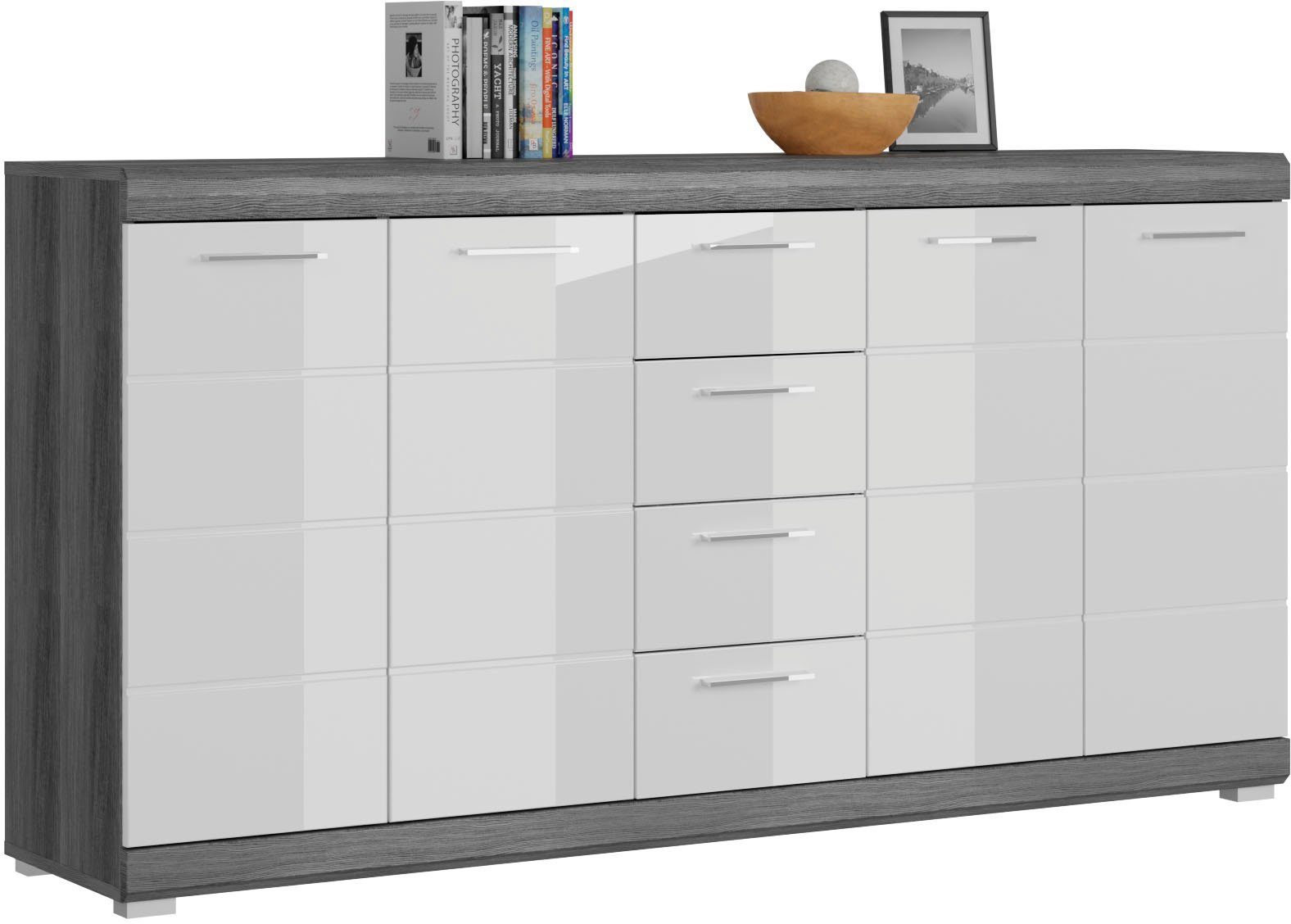 Kommode Siena, Breite 165cm, 4 Türen, 4 Schubkästen, 8 Einlegeböden, 12 Fächer