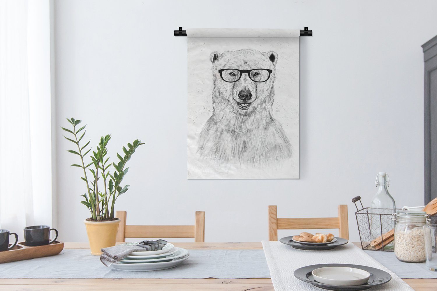 Tapisserie, Brille der Wanddekoobjekt - Wohnzimmer, Deko - Weiß an MuchoWow Eisbär Tiere, Wand, Schlafzimmer - für