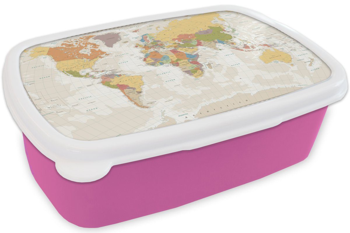 MuchoWow Lunchbox Weltkarte Pädagogisch für Retro (2-tlg), Kunststoff Brotbox Statistisch, Erwachsene, rosa - Kinder, - Farben Brotdose Snackbox, - Kunststoff, - Mädchen