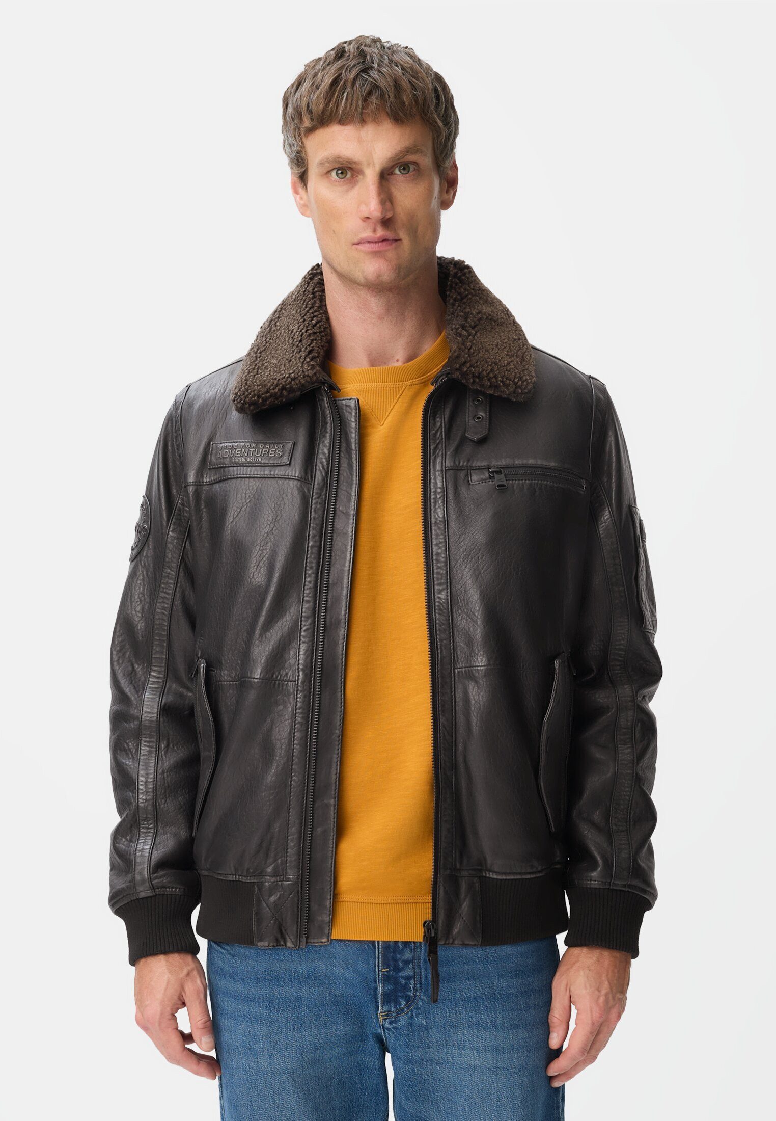 camel active Lederjacke mit abnehmbaren Teddykragen Langarm
