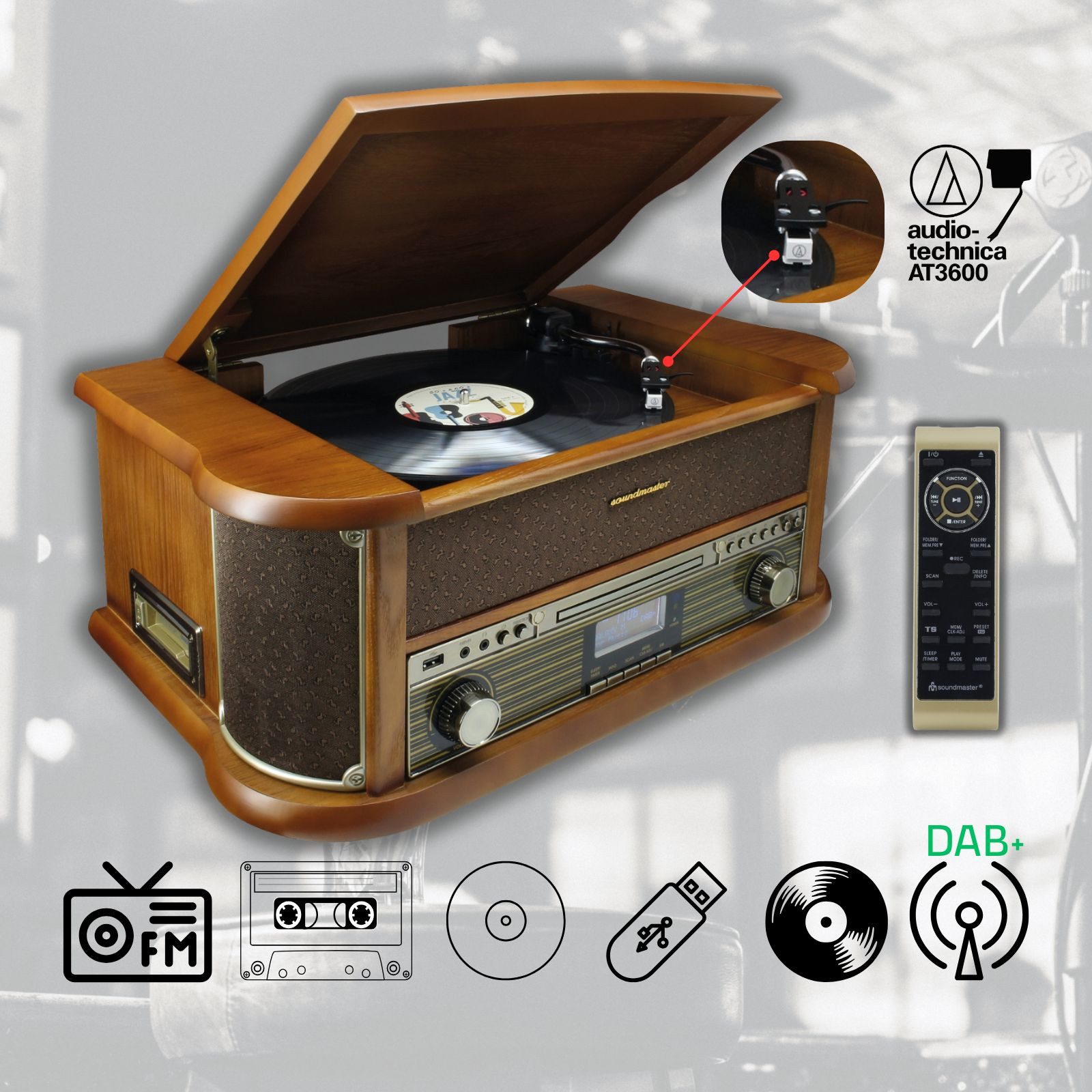 Soundmaster NR566BE Retro Plattenspieler DAB+ CD-Player USB Kassette Bluetooth Multifunktionsspieler (Digitalisieren auf USB MP3, Premium audio-technica Nadel, Nostalgie)