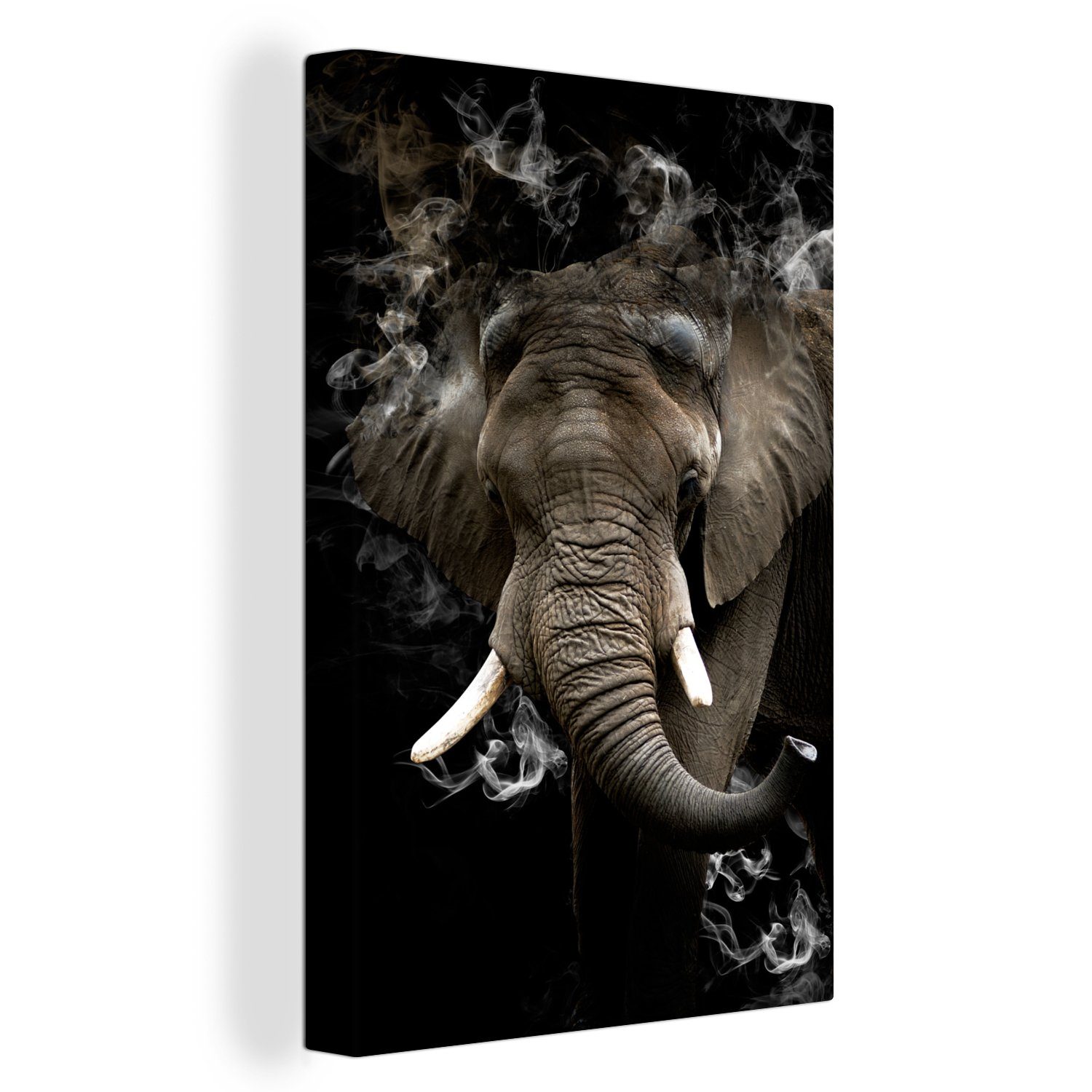 - (1 - Leinwandbild fertig Leinwandbild bespannt Gemälde, St), Elefant Rauchen Zackenaufhänger, cm inkl. Schwarz, OneMillionCanvasses® 20x30