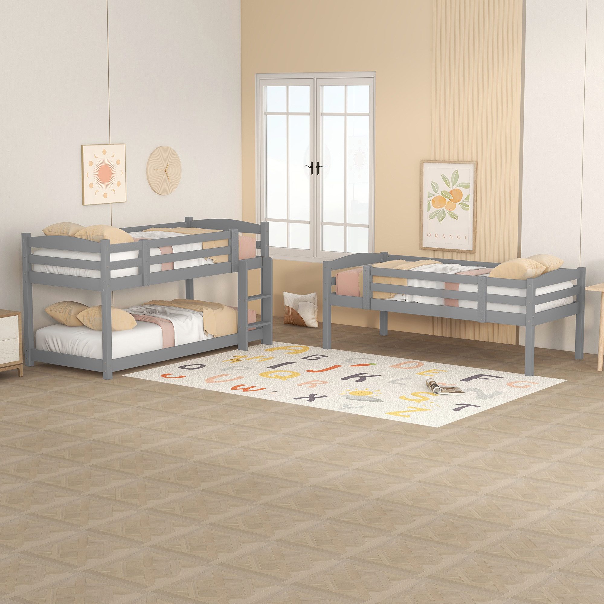 Flieks Etagenbett (mit 2 Leiter und 2 Set Lattenrost), Dreier-Etagenbett Hochbett Kiefernholzbett Kinderbett 90x200cm – Bild 3 von 5