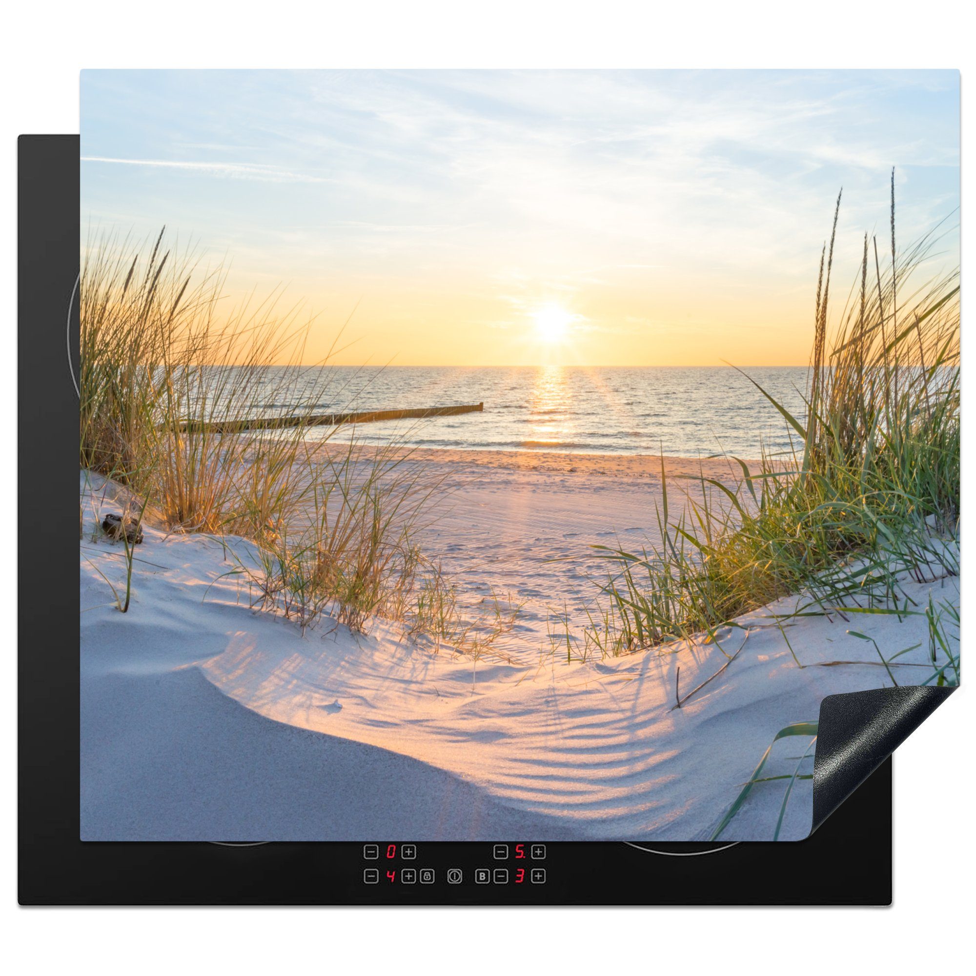 MuchoWow Herd-Abdeckplatte Strand - Sonne - Düne - Gras - Sand - Horizont, Vinyl, (1 tlg), Küche Herdabdeckplatte Ceranfeld Vinyl Einteilig, 59x52 cm