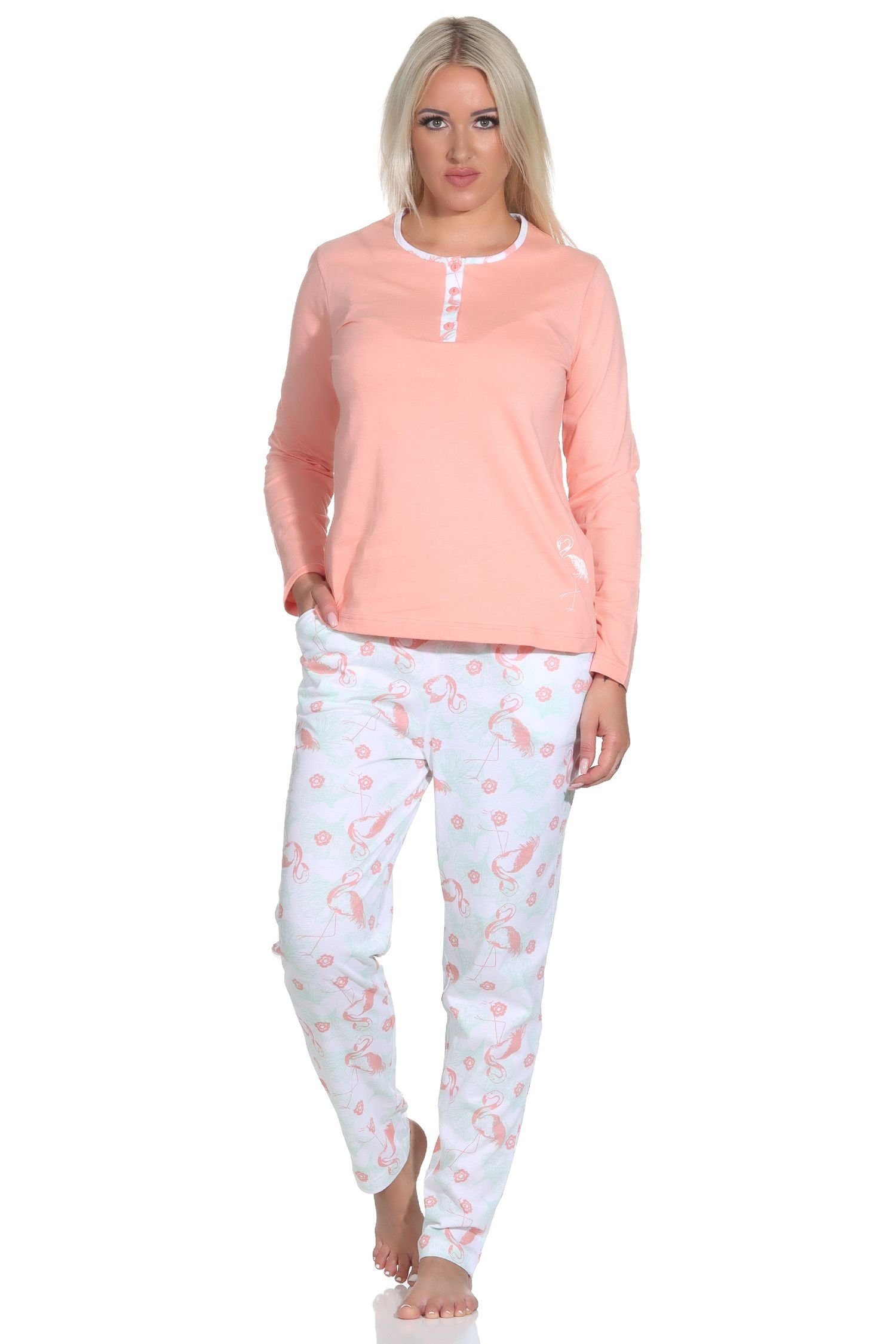 Normann Pyjama Damen Schlafanzug Langarm mit Flamingo Motiv und Knopfleiste am Hals apricot