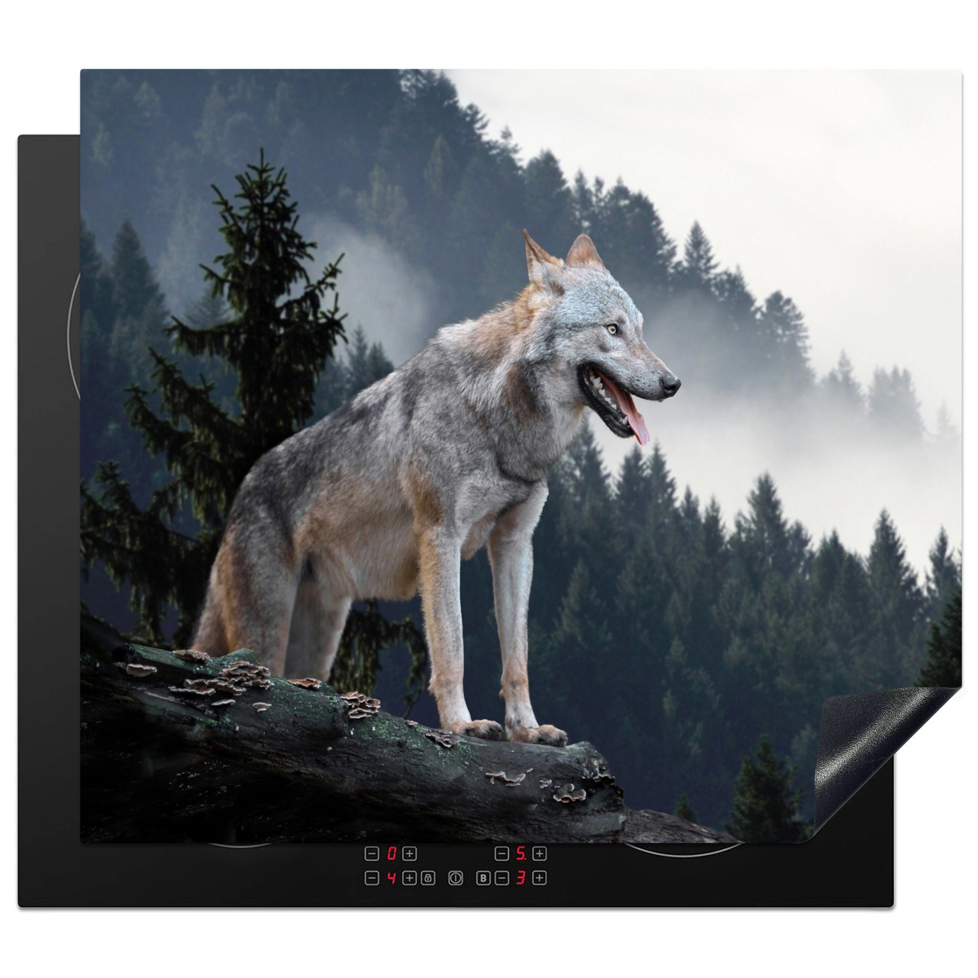 MuchoWow Herdblende-/Abdeckplatte Wolf - Tier - Wald, Vinyl, (1 tlg), 58x51 cm, Küchen Dekoration für Induktionsherd, Induktionskochfeld