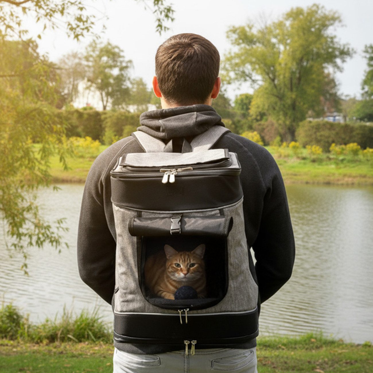 belviona Tiertransporttasche für Hunde & Katzen, Rucksack stabil & sicher, grau/schwarz bis 14 kg, mit Belüftung, Trinkflaschenfach & Regenschutz