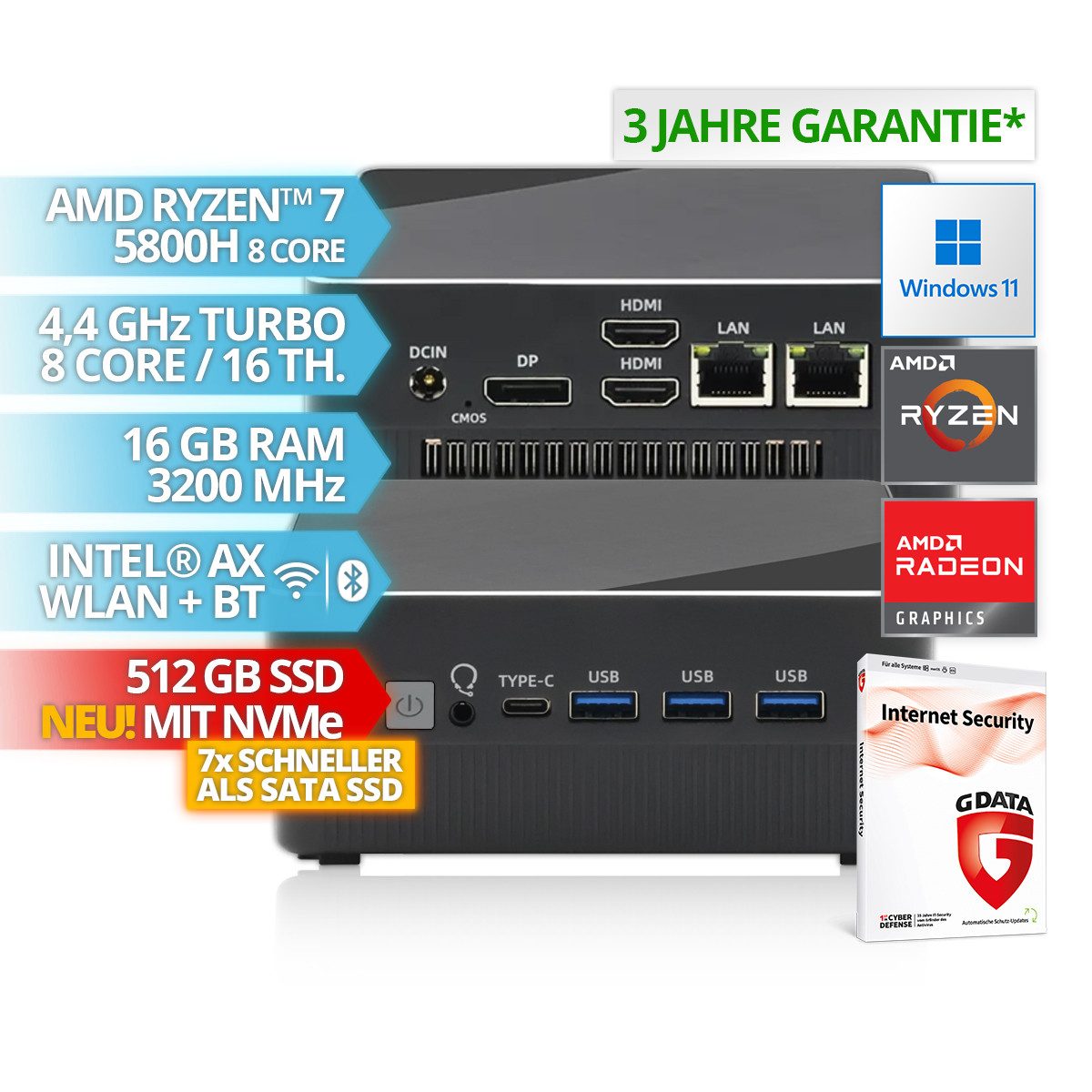 BRAINZAP 8-Core NUC Office/Business/Streaming/Internet Mini-PC (AMD Ryzen 7 5800H, 16 GB RAM, 512 GB SSD, Luftkühlung, NVMe SSD, DDR4 RAM, Windows 11 Pro, G DATA Internet Security, VESA)