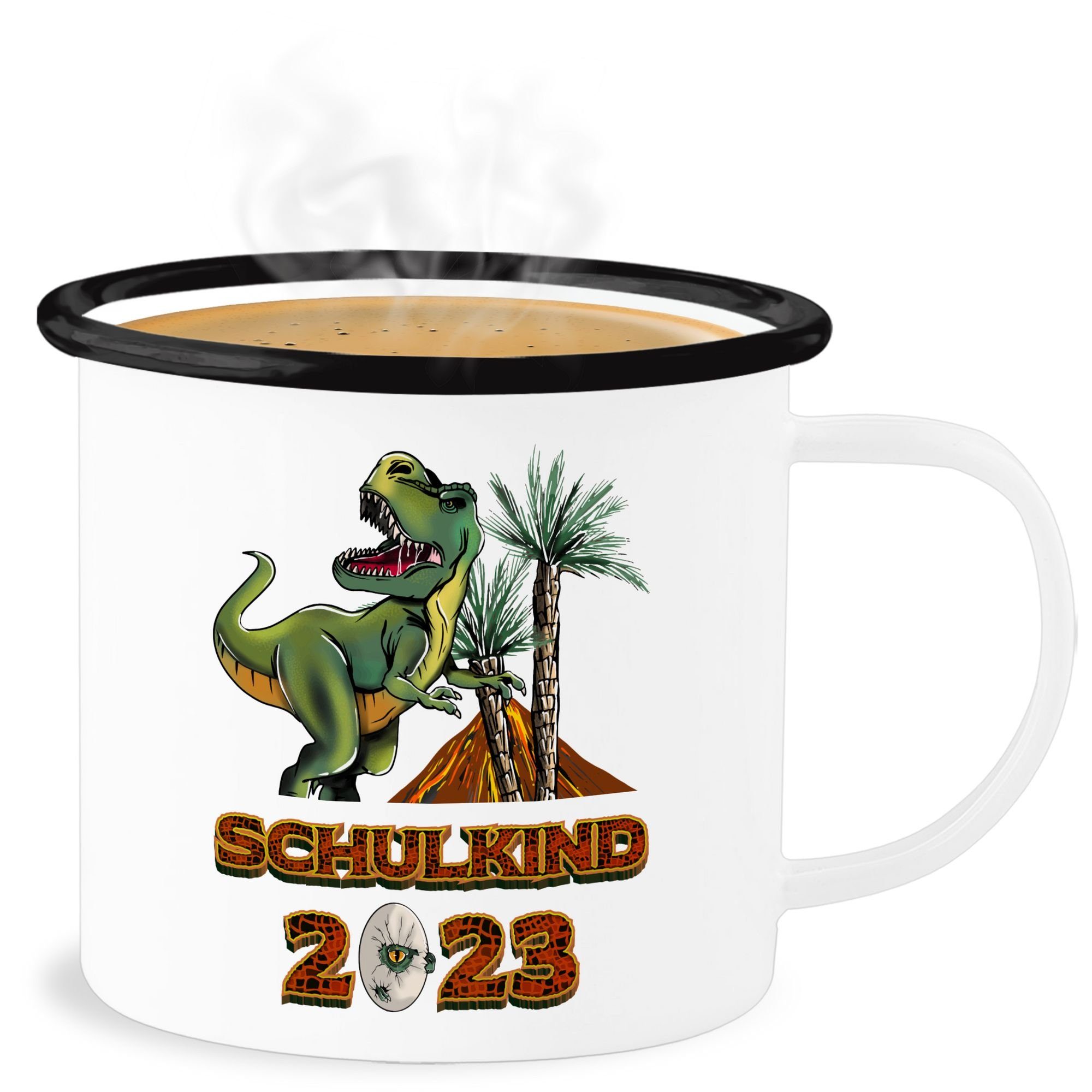 Shirtracer Becher Schulkind 2023 T-Rex Dino Dinosaurier, Stahlblech, Einschulung Geschenk Tasse 3 Weiß Schwarz