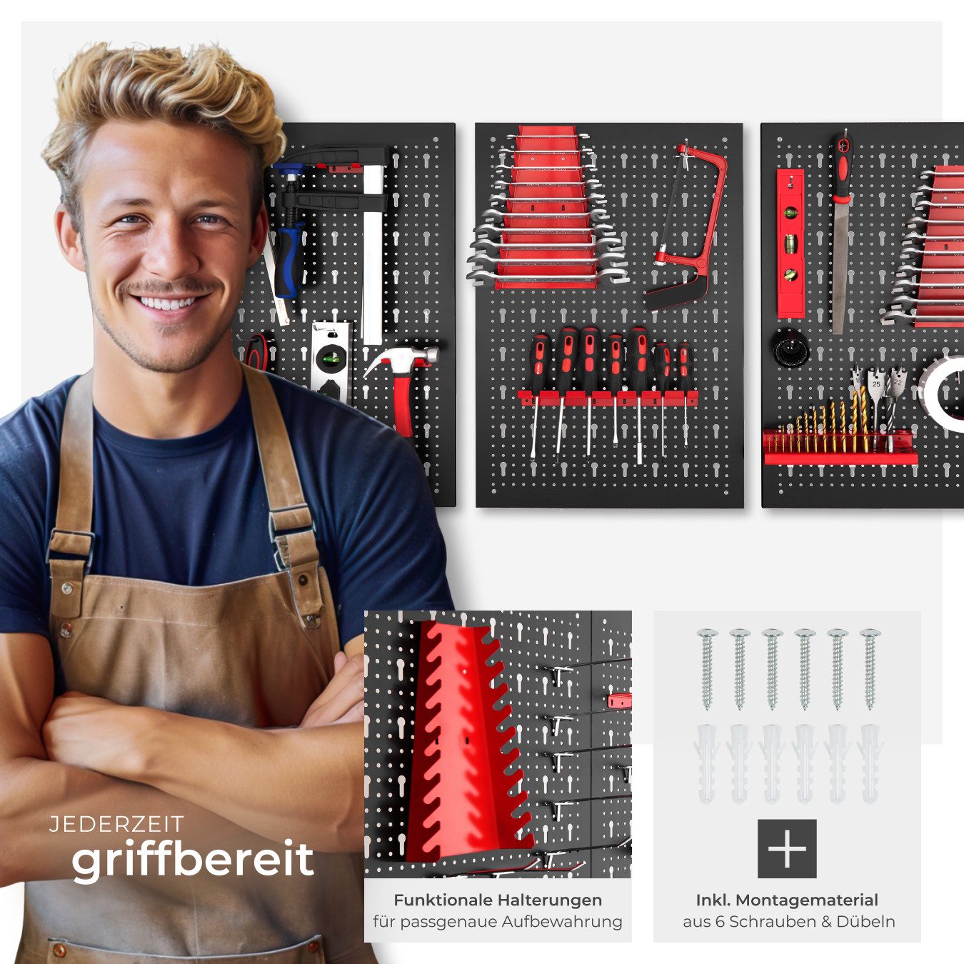 tectake Lochwand Werkzeuglochwand Jonah mit Haken und Halterungen, (3-tlg), Belastbarkeit 4 kg pro Platte