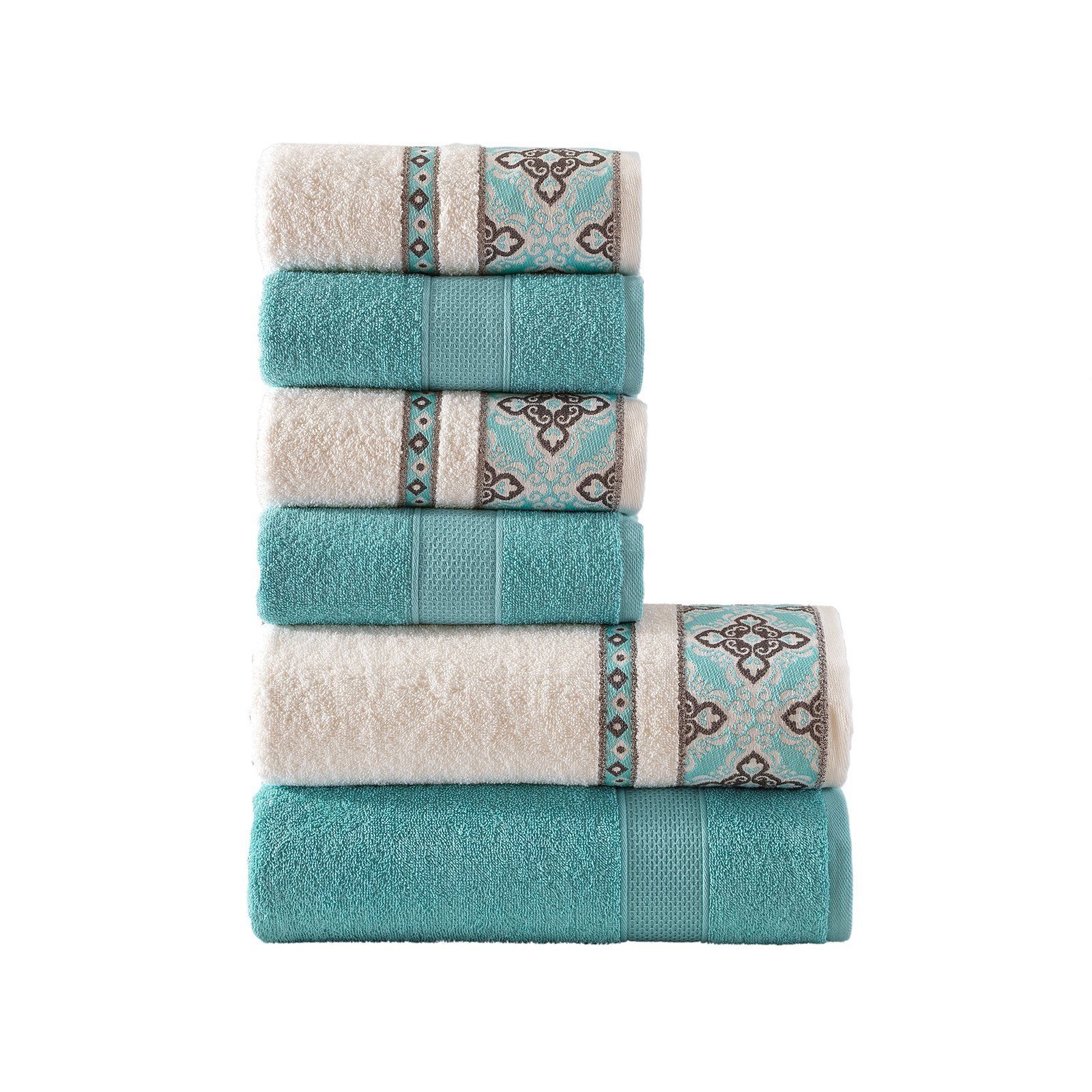 CLASS HOME COLLECTION Handtuch Set 6 TLG Frottee Set Handtuch Duschtuch 100% Baumwolle Jacquard Bordüre, 100% Baumwolle (Set, 6-St), Dekorative Jacquard Bördüre, Aufhänger, Muster