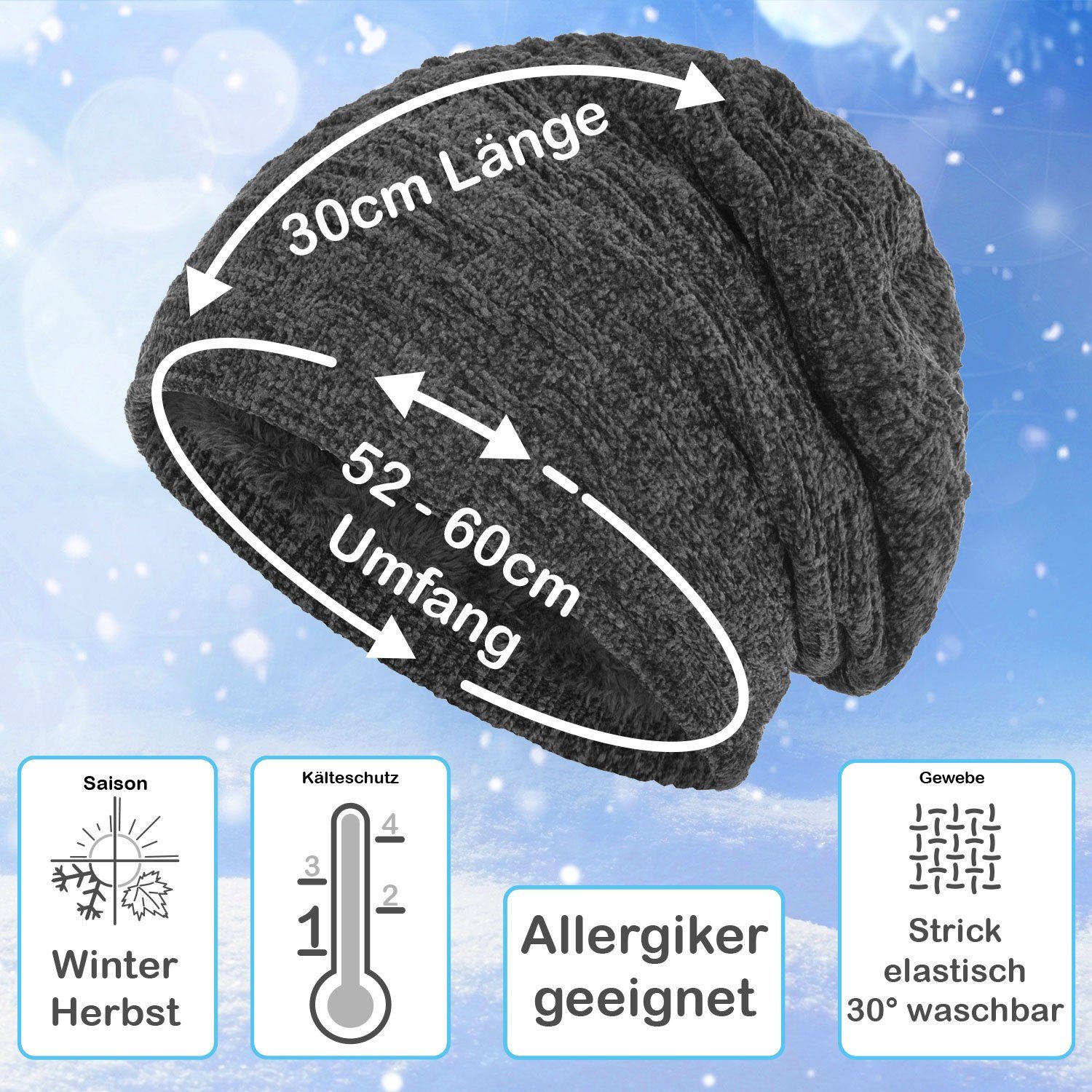 Wintermütze Strickmütze gefütterte Warm Beanie Grau Damen und Herren Samt Strickmütze (1-St) compagno