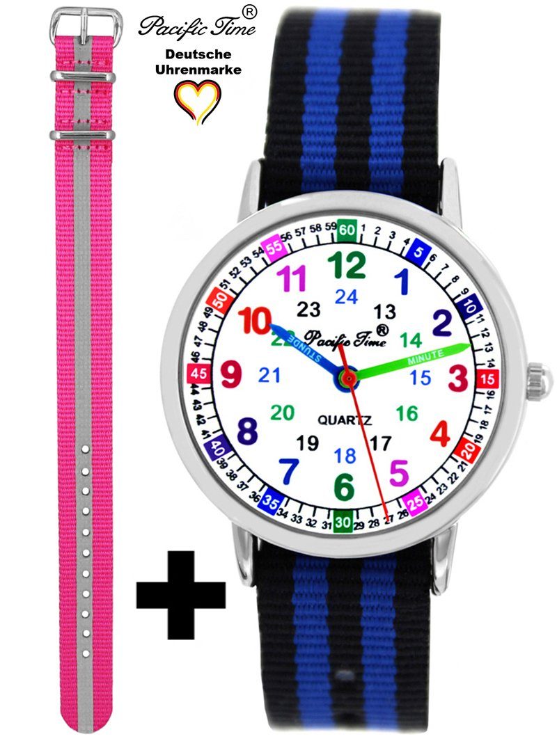 Pacific Time Quarzuhr Set Kinder Armbanduhr Lernuhr Wechselarmband, Mix und Match Design - Gratis Versand schwarz blau gestreift und Reflektor pink