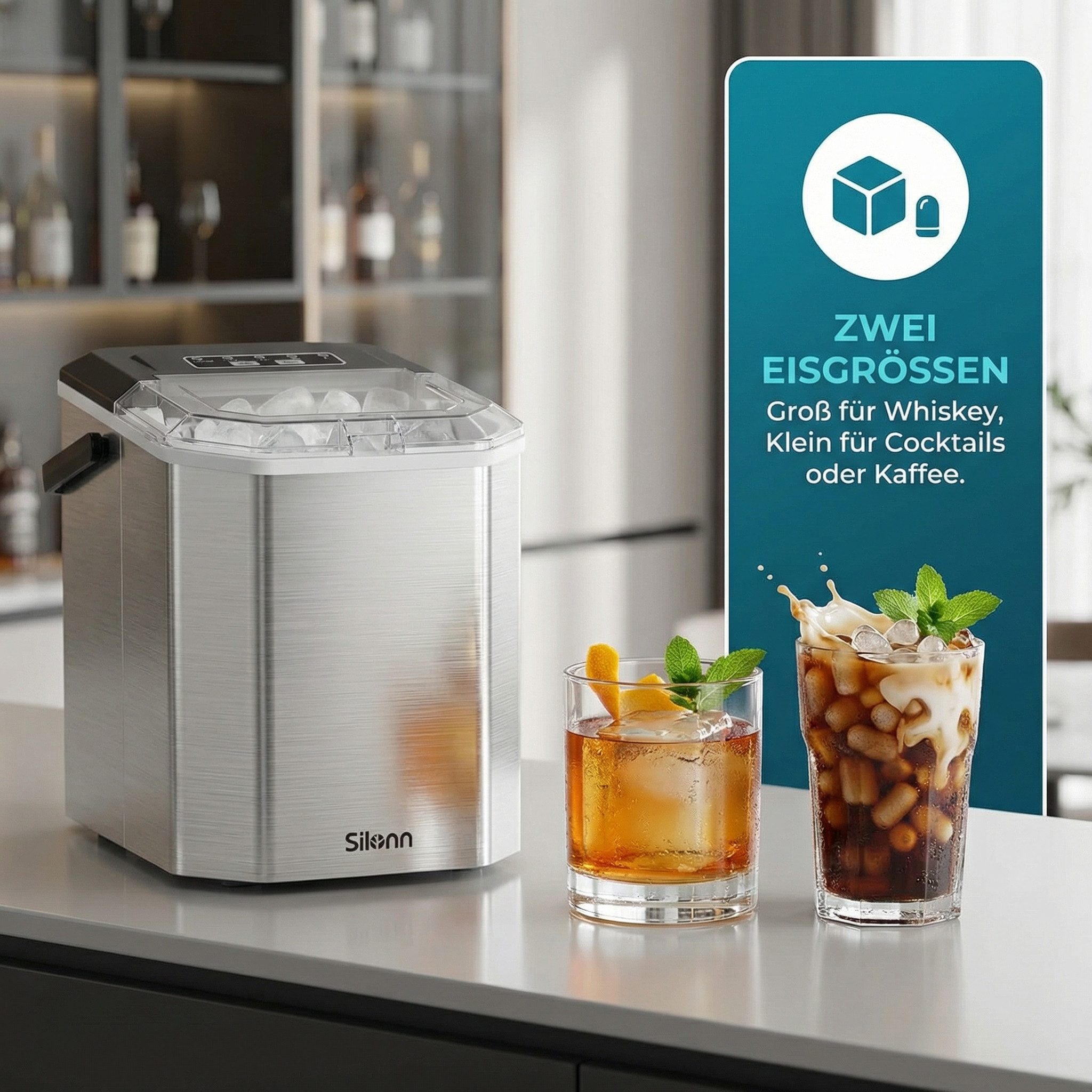 Silonn Eiswürfelmaschine Eiswürfelbereiter kompakt, 2 Eisgrößen, Selbstreinigung, tragbar, 12 kg/Tag, selbstreinigend, ≤ 35 dB – Bild 4 von 5