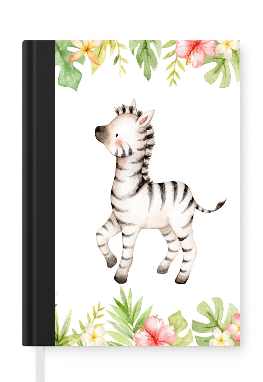 MuchoWow Notizbuch Zebra - Dschungel - Blumen - Pflanzen, Journal, Merkzettel, Tagebuch, Notizheft, A5, 98 Seiten, Haushaltsbuch