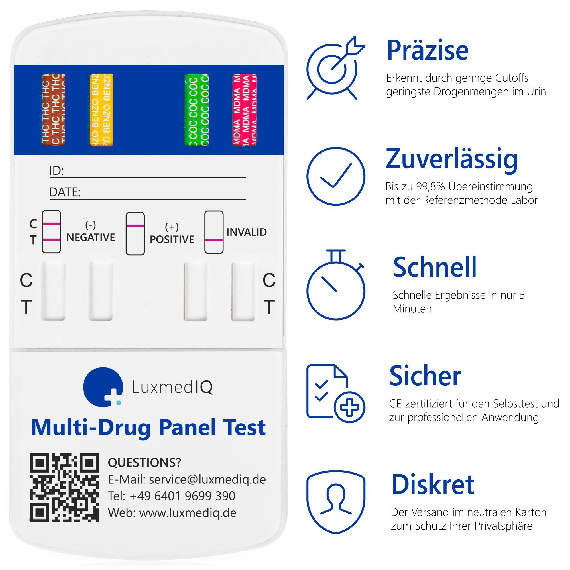 LuxmedIQ Drogen-Schnelltest für 8 Drogenarten - Urin Drogentest Multi 8, 5-tlg.