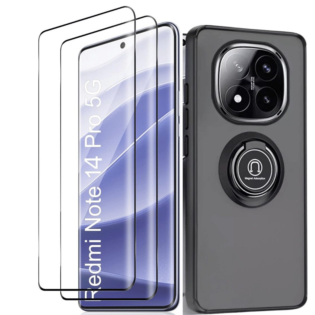 SmartUP Smartphone-Hülle + 2X Schutzglas für Xiaomi Redmi Note 14 Pro 5G Ringhalterung Case 9H 6,67 Zoll, kompletter Rundumschutz