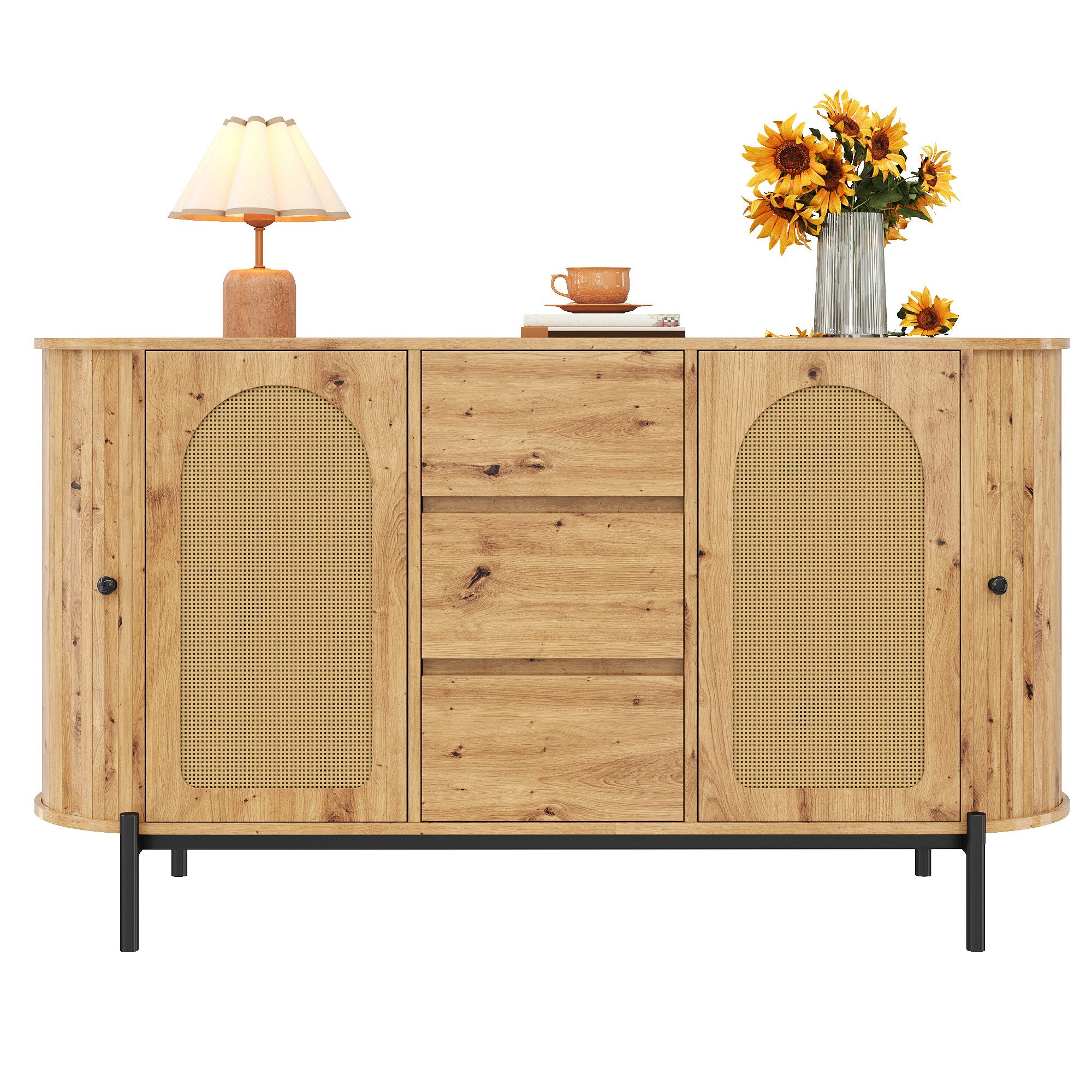 Refined Living Sideboard Ovales Sideboard mit Rattan, Schiebetüren & Schubladen, 140 cm (Natur – Sideboard, 140x38x77,5 cm, ovales Design, Rattan Türen, Seitenschrank, 1 St., 2 Schiebetüren + 2 Türen + 3 Schubladen, verstellbare Fächer), Metallbeine, Skandinavisch, modern, für Wohnzimmer, Esszimmer